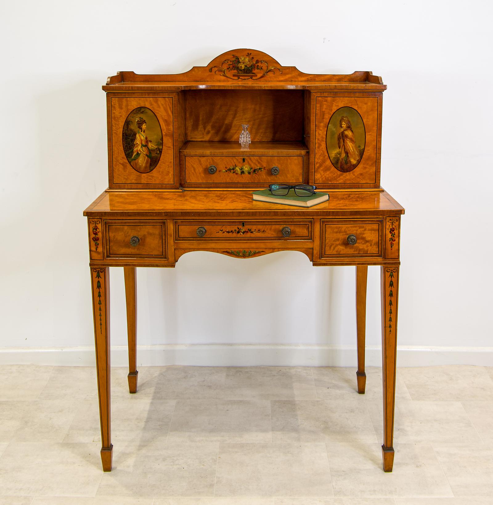 Fine Edwardian Satinwood Hand-painted Writing Desk - Antique Painted Bureau Table (1 of 5)