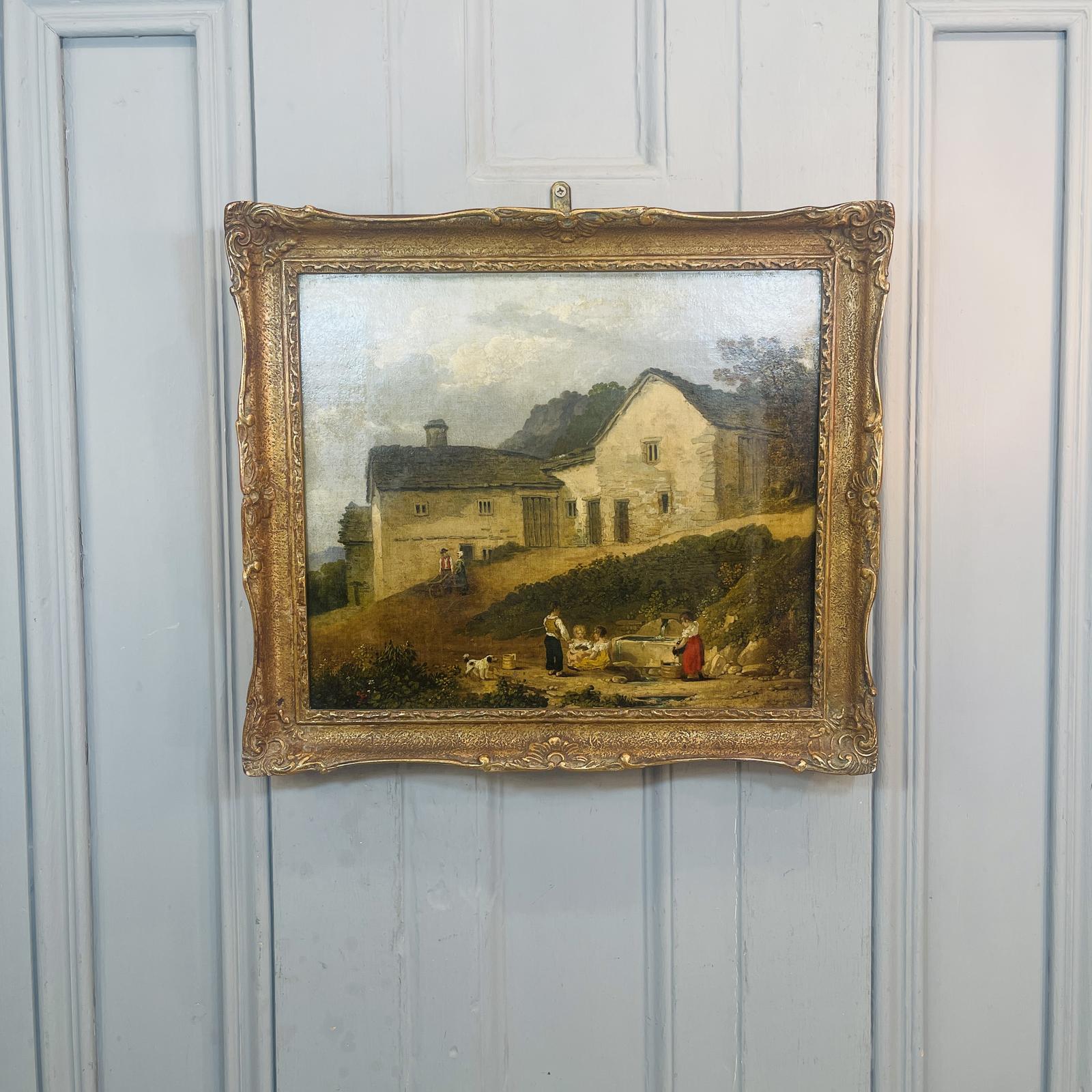 Antique Landscape Oil Painting Entitled Old Houses with Children by a Well by JC Ibbetson (1 of 13)