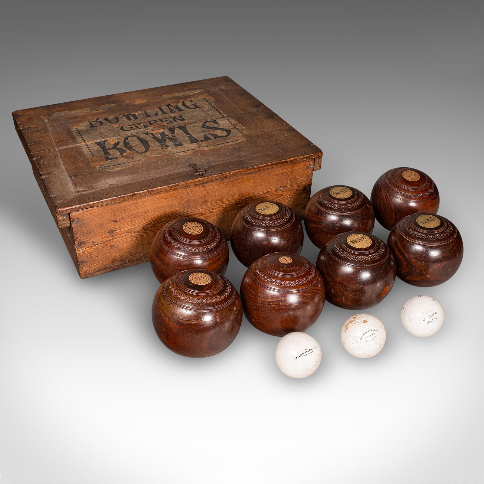Antique Lawn Bowls Set, English, Woods, Ceramic Jacks, Garden Game, Edwardian (1 of 12)
