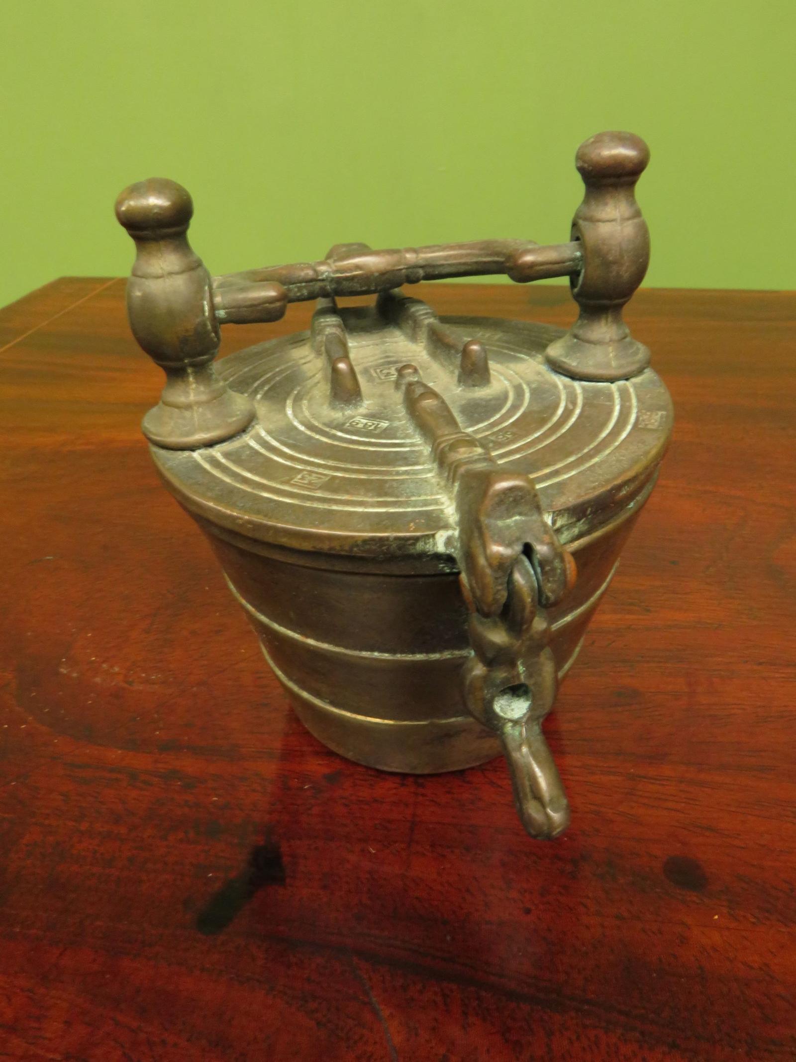 Antique Set of 7 Bronze Stacking Weights in Holder with Handle (1 of 14)