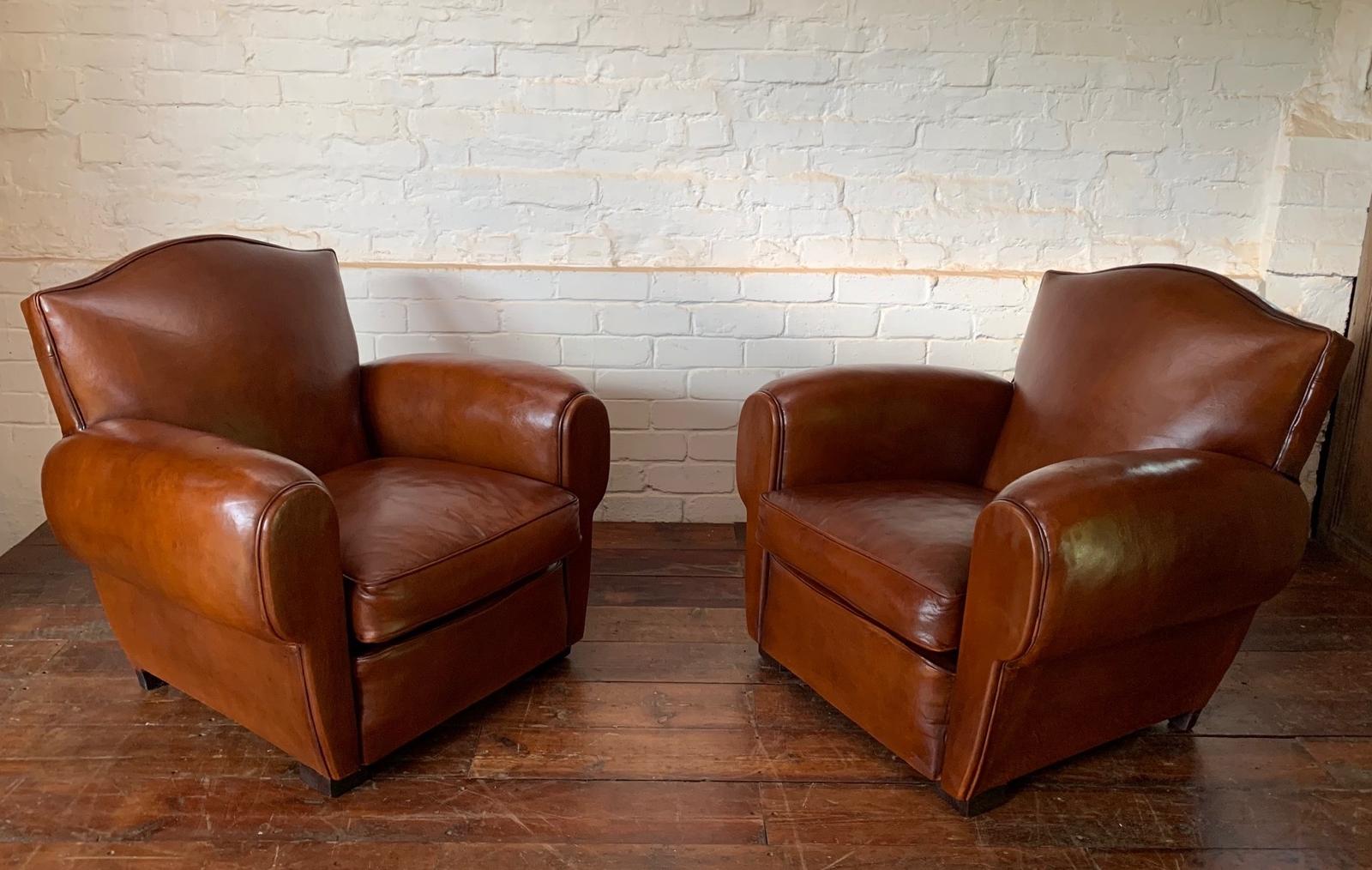 Beautiful Pair of 1950s French Leather Club Chairs - Chapeau de Gendarme Models (1 of 12) Beautiful Pair of 1950s French Leather Club Chairs - Chapeau de Gendarme Models (1 of 12)