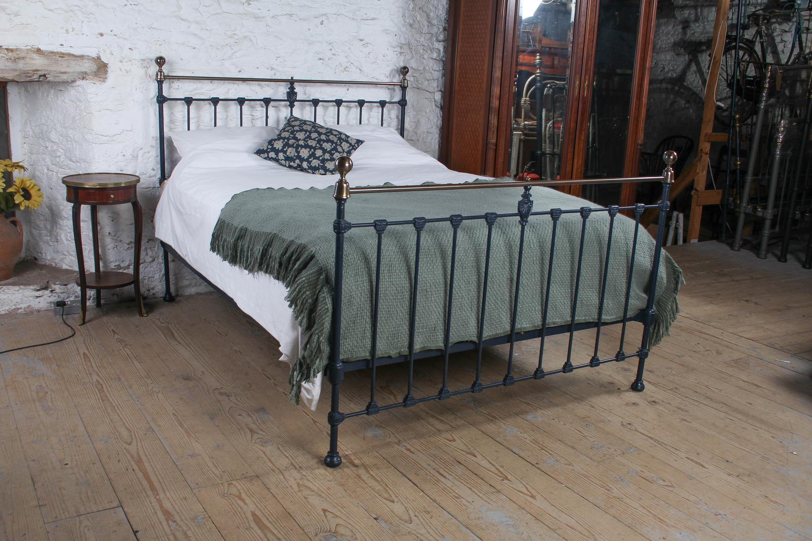 Stately King Size Edwardian Iron and Brass Bed in Basalt Blue (1 of 7)