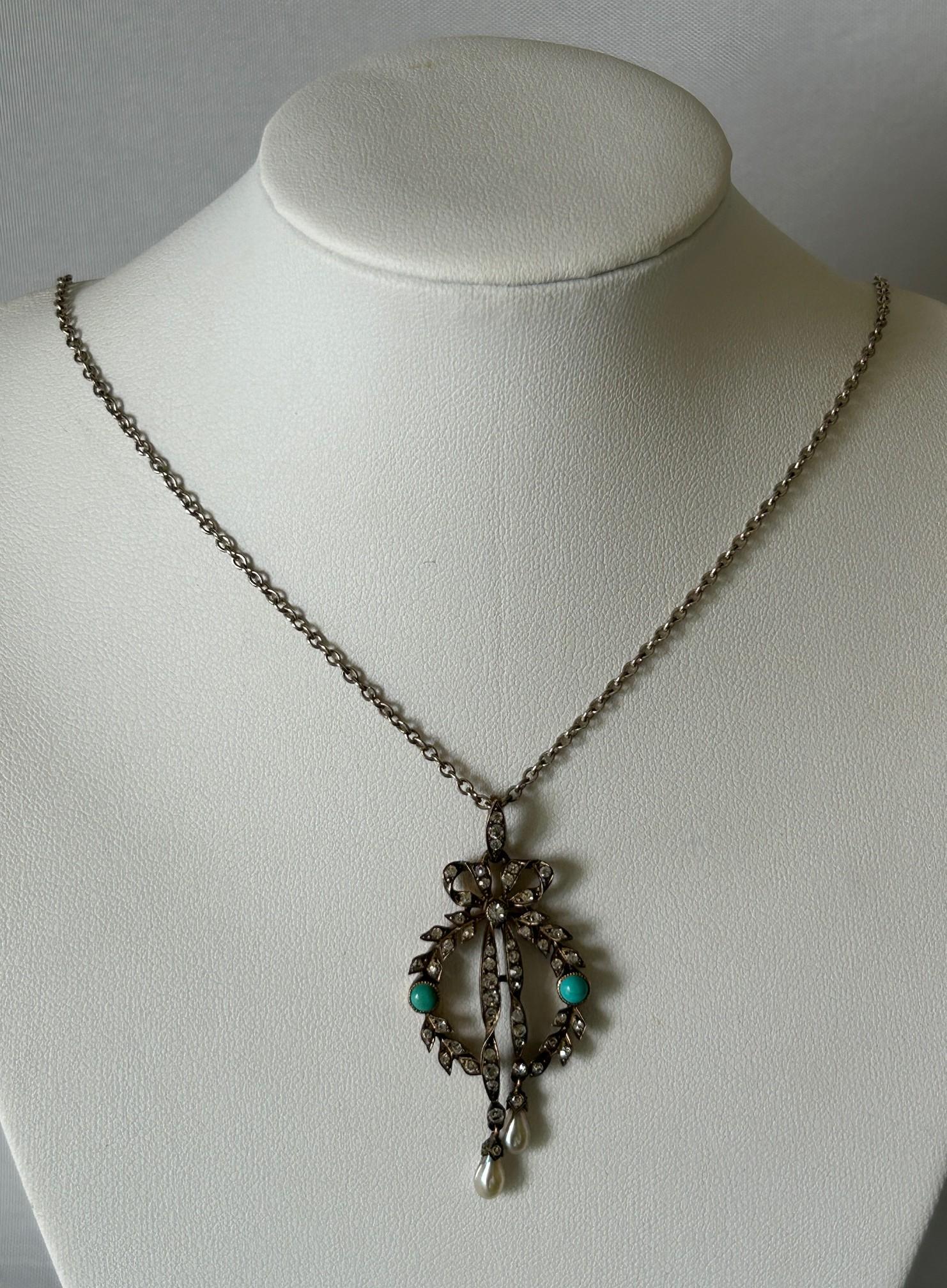Edwardian Silver, Turquoise, Pearl & Paste Diamond Pendant Necklace (1 of 10) Edwardian Silver, Turquoise, Pearl & Paste Diamond Pendant Necklace (1 of 10)