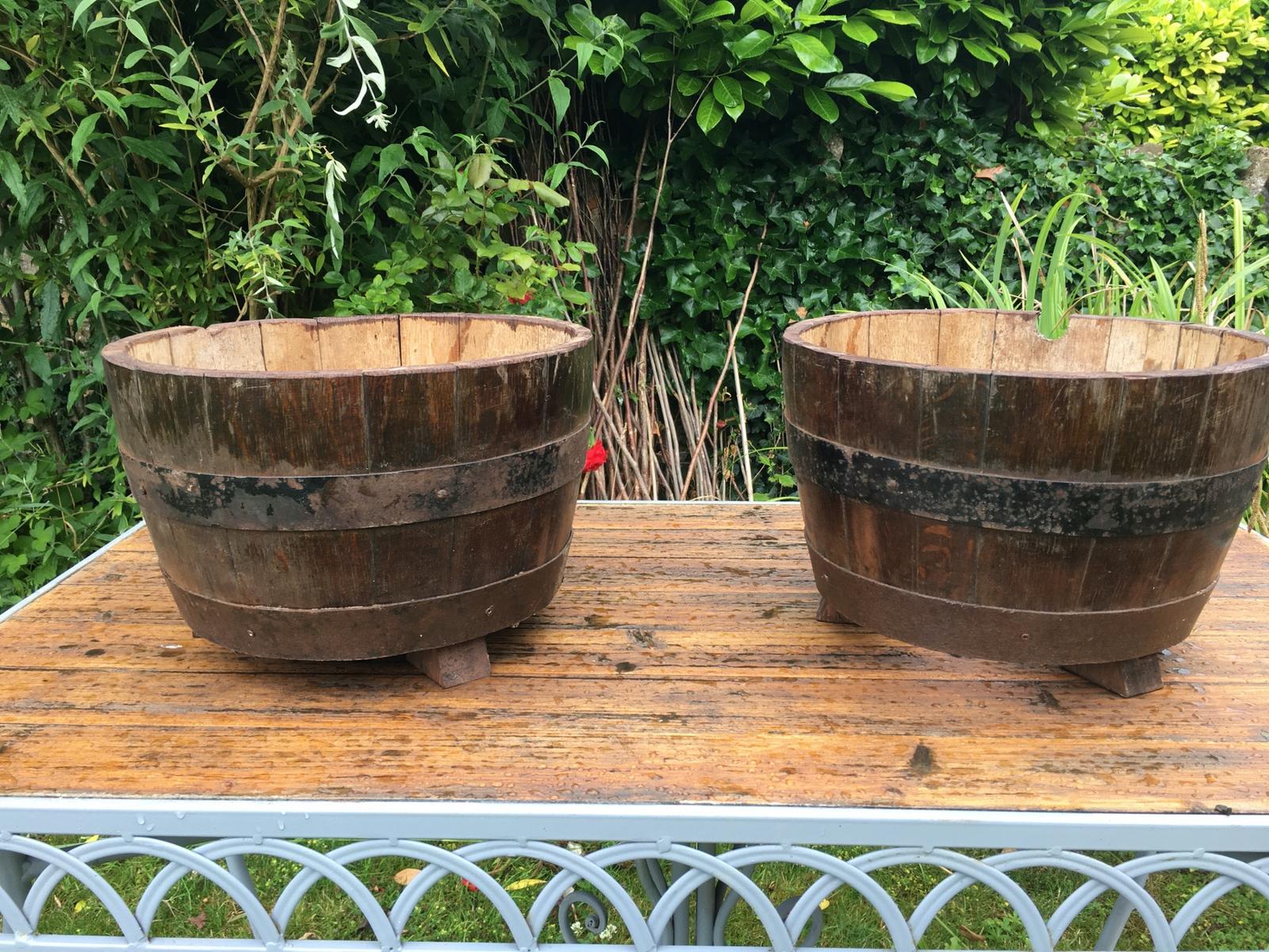 Pair of Oak Barrelled Planters (1 of 4)
