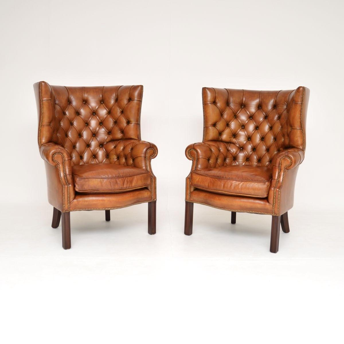 Pair of Antique Leather Barrel Back Wing Armchairs (1 of 7)