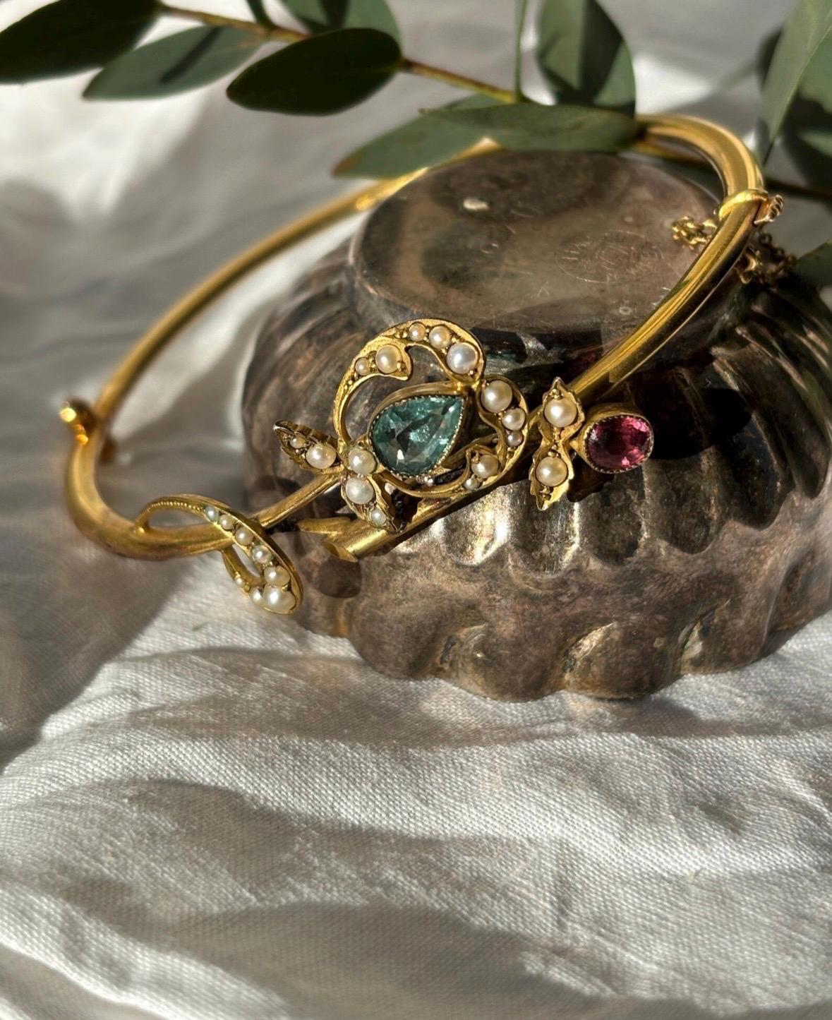 Victorian Gold, Aquamarine, Garnet & Seed Pearl Bangle (1 of 8) Victorian Gold, Aquamarine, Garnet & Seed Pearl Bangle (1 of 8)