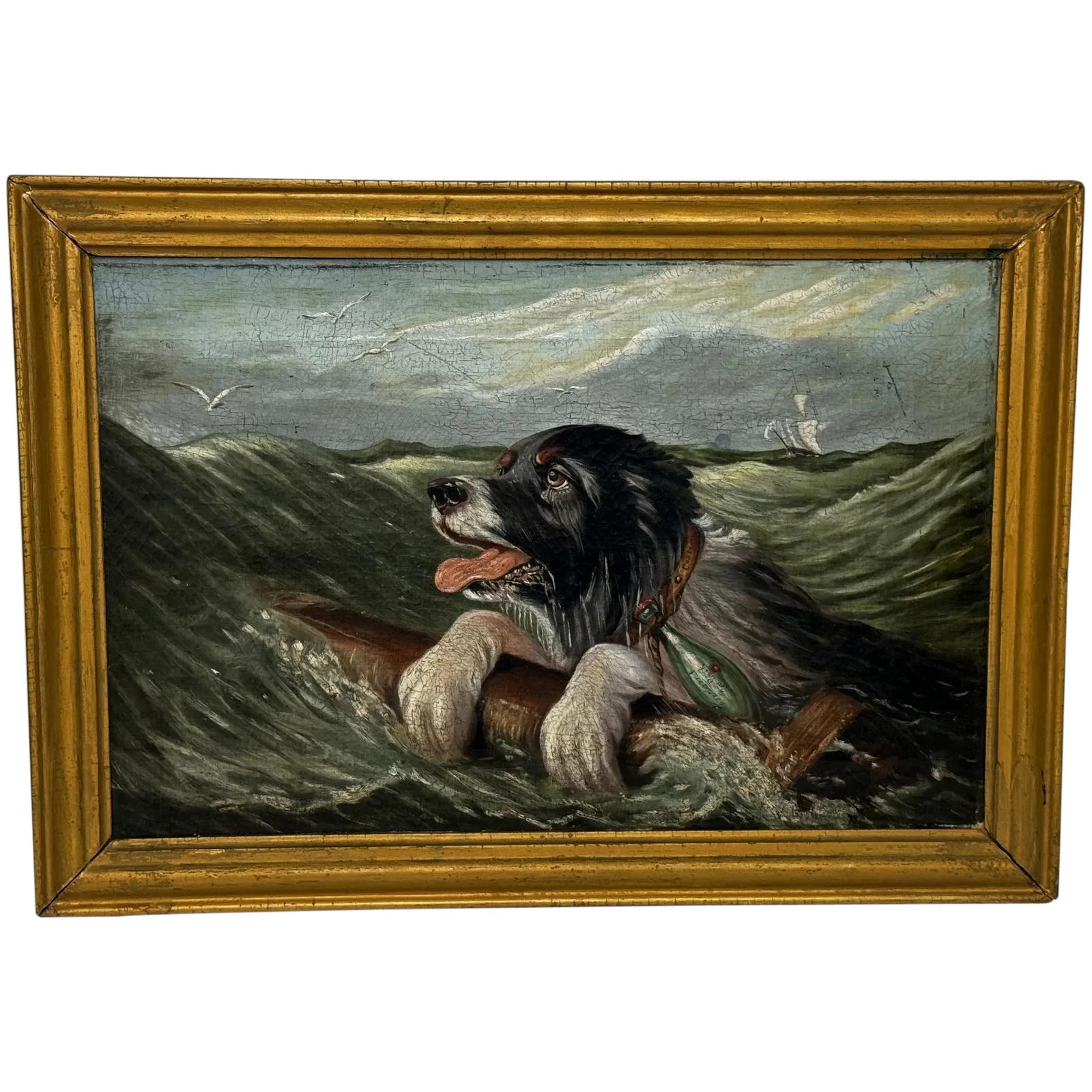 19th Century Oil Painting Saint Bernard Dog Shipwrecked Approaching New York (1 of 49)