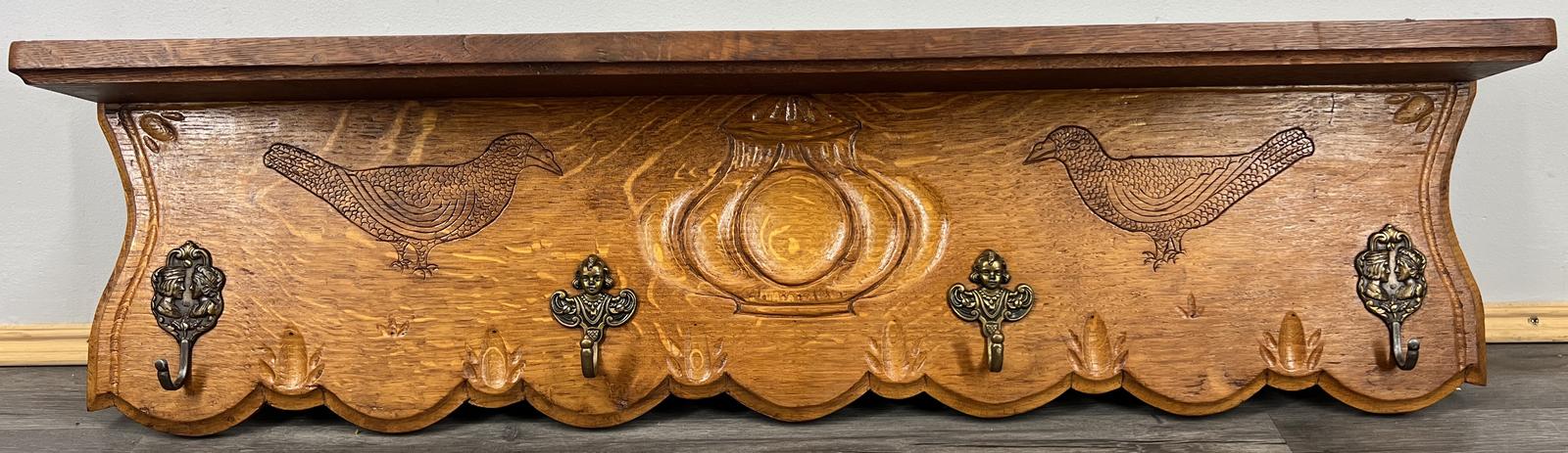 French Vintage Coat Rack Oak 4 Hooks Ornate Wall Shelf Carved Coat (1 of 9)