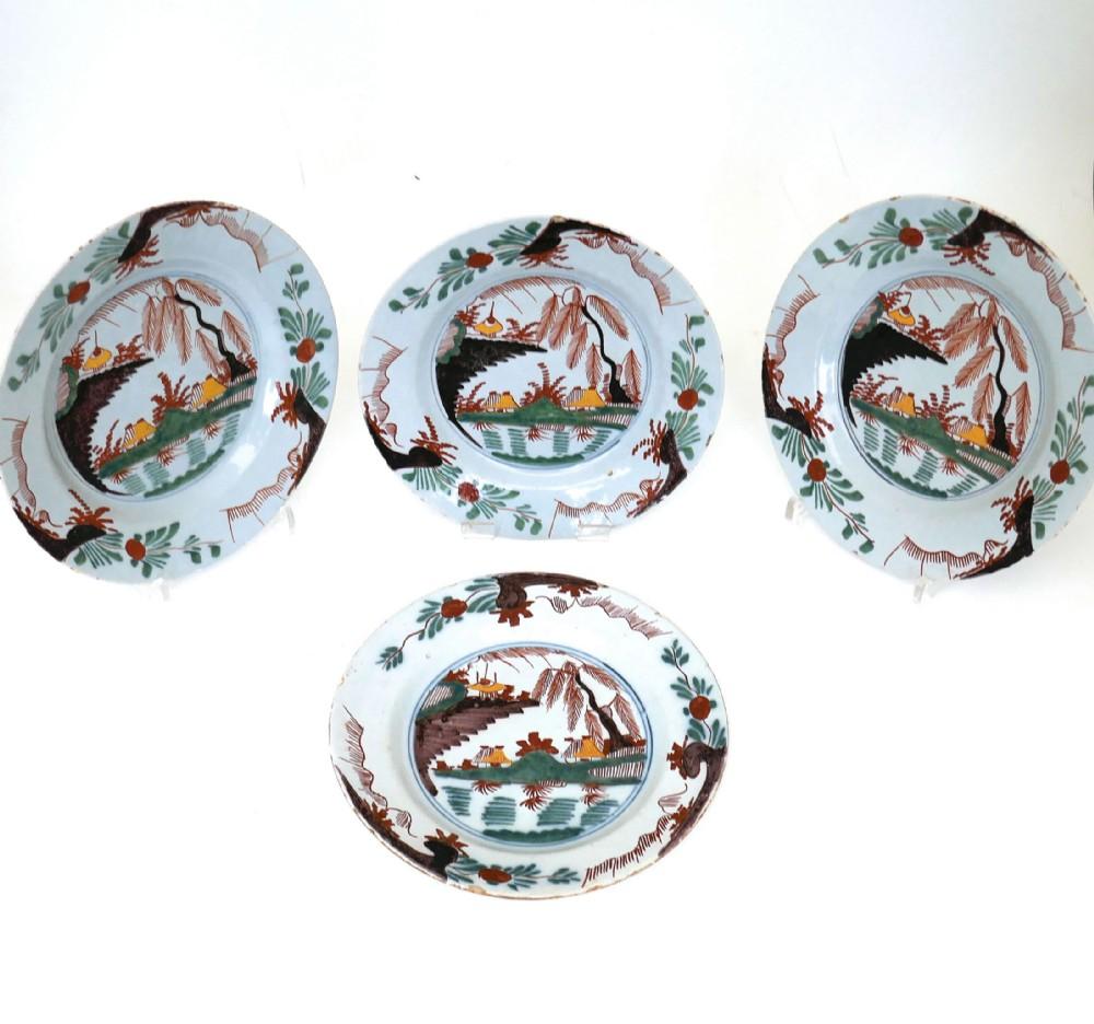 Antique Early Pottery Four 18th Century Polychrome Dutch Delft Plates - 1760-1780 (1 of 3) Antique Early Pottery Four 18th Century Polychrome Dutch Delft Plates - 1760-1780 (1 of 3)