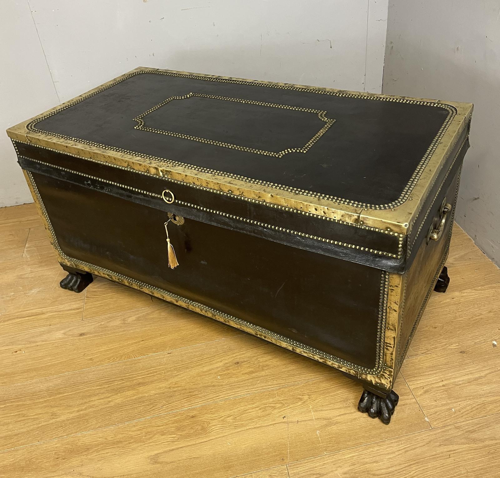 Regency Brass Studded Leather Camphor Wood Lined Trunk on Hairy Paw Feet (1 of 14)