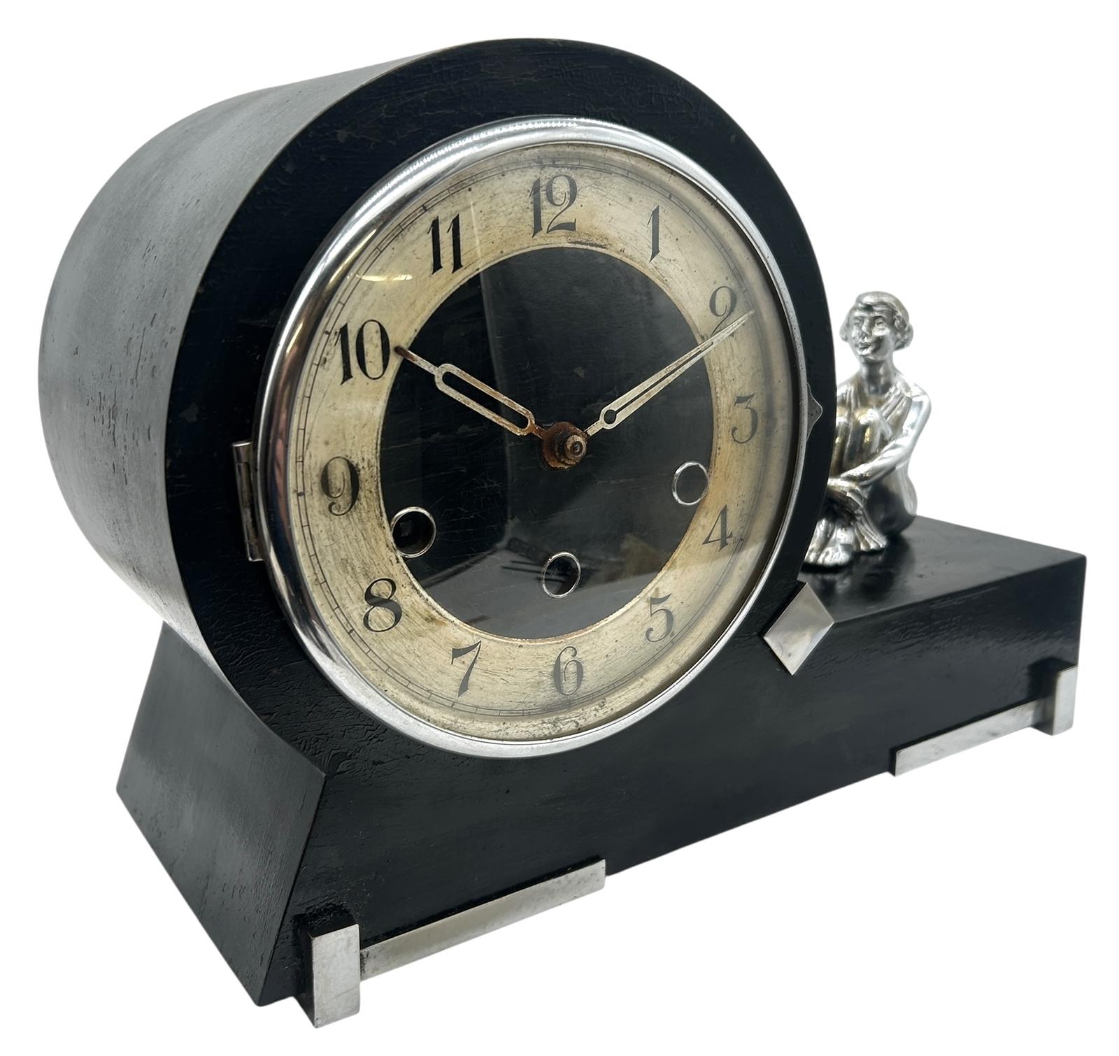 Art Deco Westminster Chime Mantel Clock, Ebonised Case & Chrome Figure, 8-day, c.1930 English (1 of 10) Art Deco Westminster Chime Mantel Clock, Ebonised Case & Chrome Figure, 8-day, c.1930 English (1 of 10)