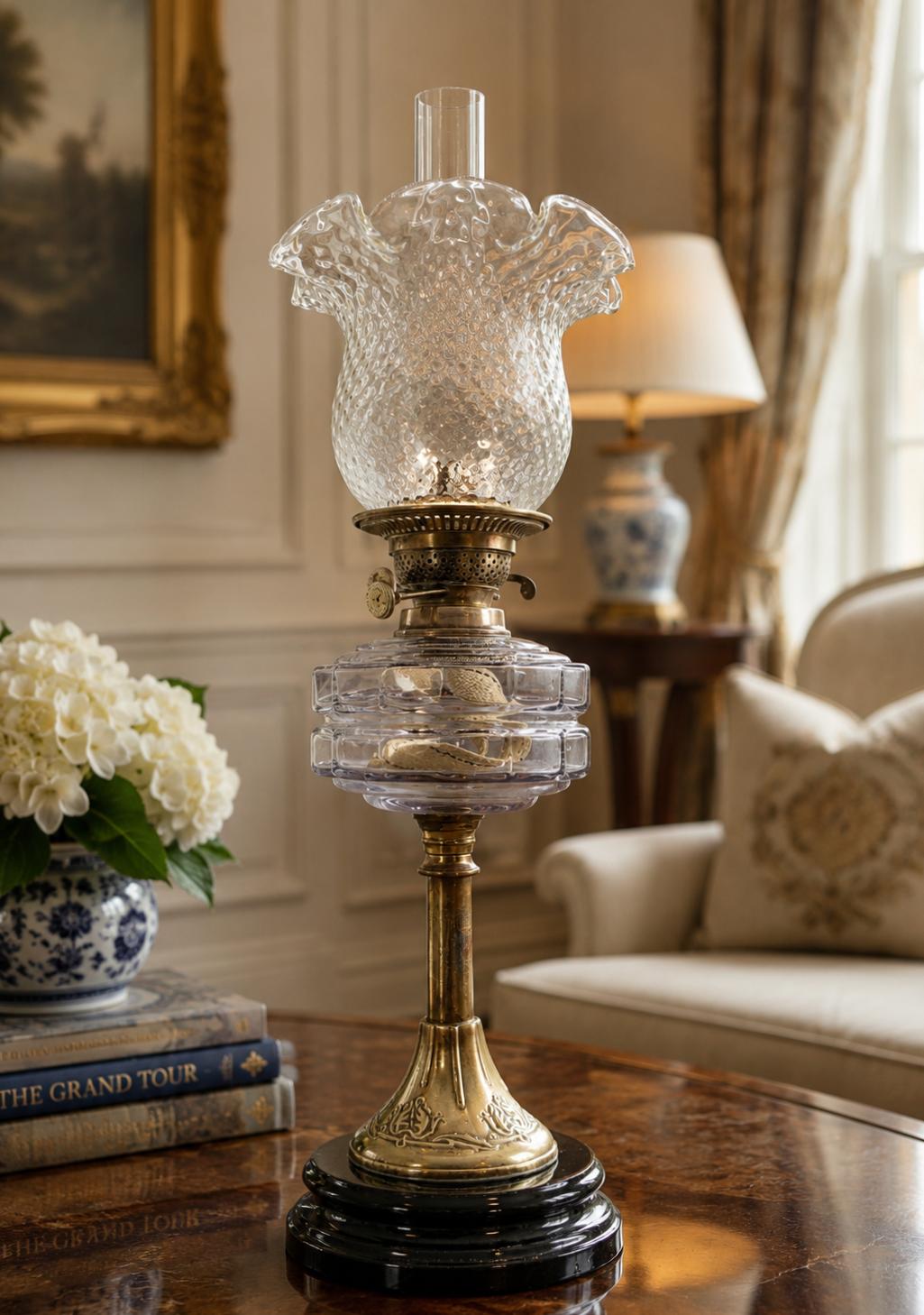 Tall Art Nouveau Table Oil Lamp Twin-burning Hand-blown Shade, Brass & Ceramic (1 of 15) Tall Art Nouveau Table Oil Lamp Twin-burning Hand-blown Shade, Brass & Ceramic (1 of 15)