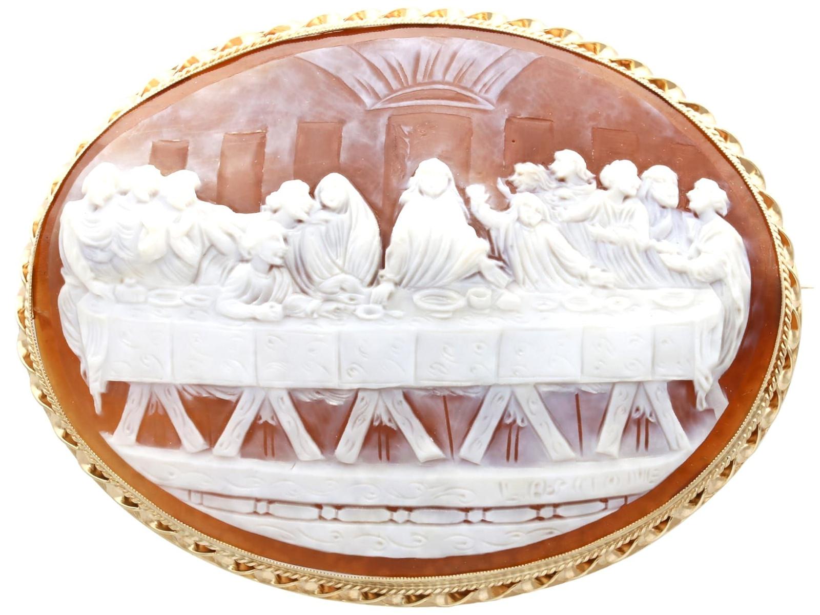 Vintage Shell & 9ct Yellow Gold Last Supper Cameo Brooch 1974 (1 of 12)
