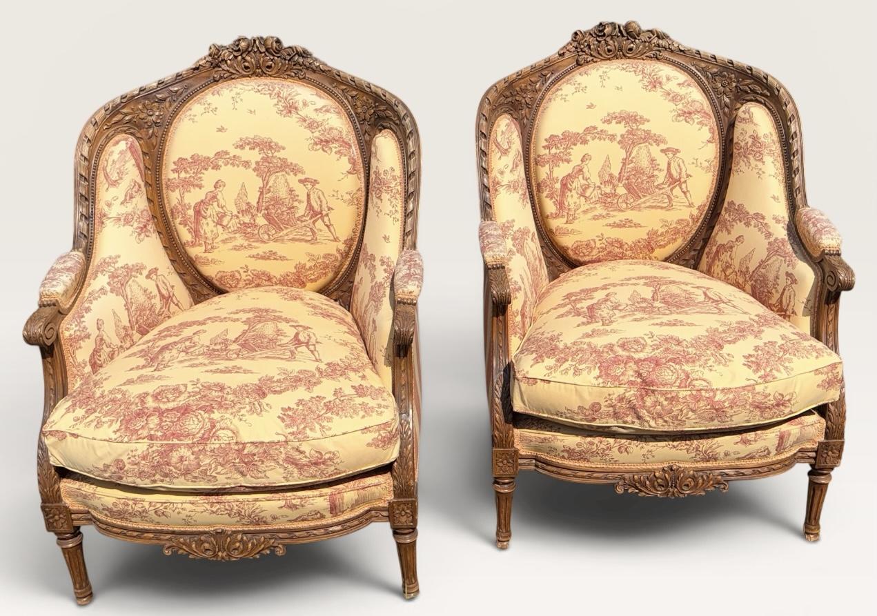 Large Pair of Carved Walnut Bergere Armchairs (1 of 9) Large Pair of Carved Walnut Bergere Armchairs (1 of 9)