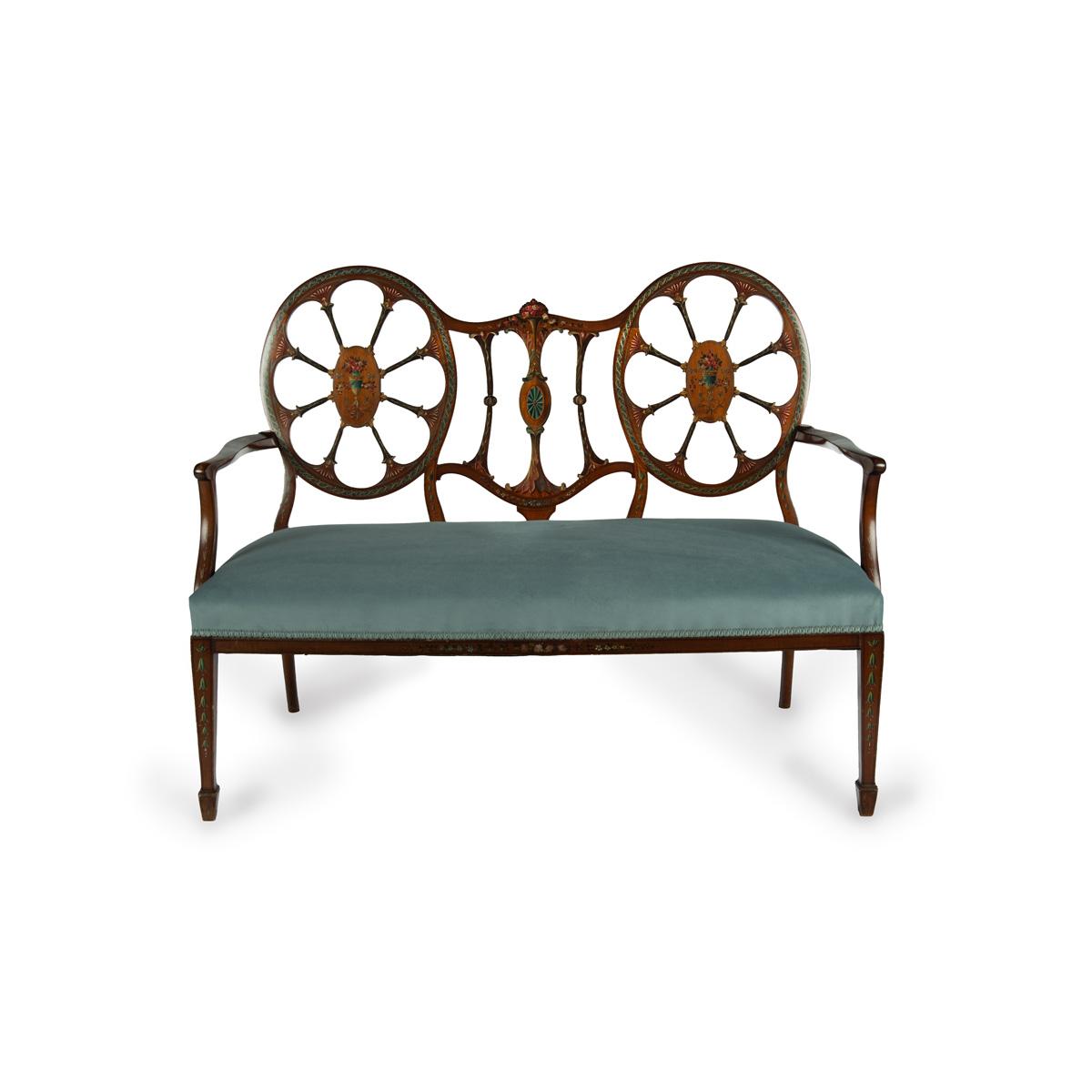 Late Victorian Satinwood Wheel Back Settee in Chippendale Style, Attributed to Wright & Mansfield (1 of 10)
