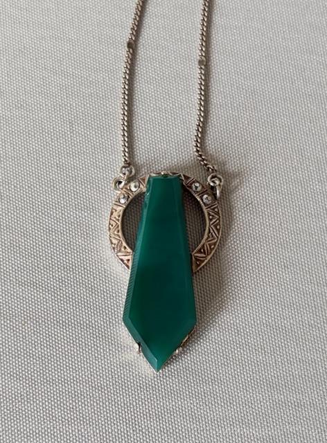 Art Deco Silver, Chrysoprase & Marcasite Pendant Necklace (1 of 7) Art Deco Silver, Chrysoprase & Marcasite Pendant Necklace (1 of 7)