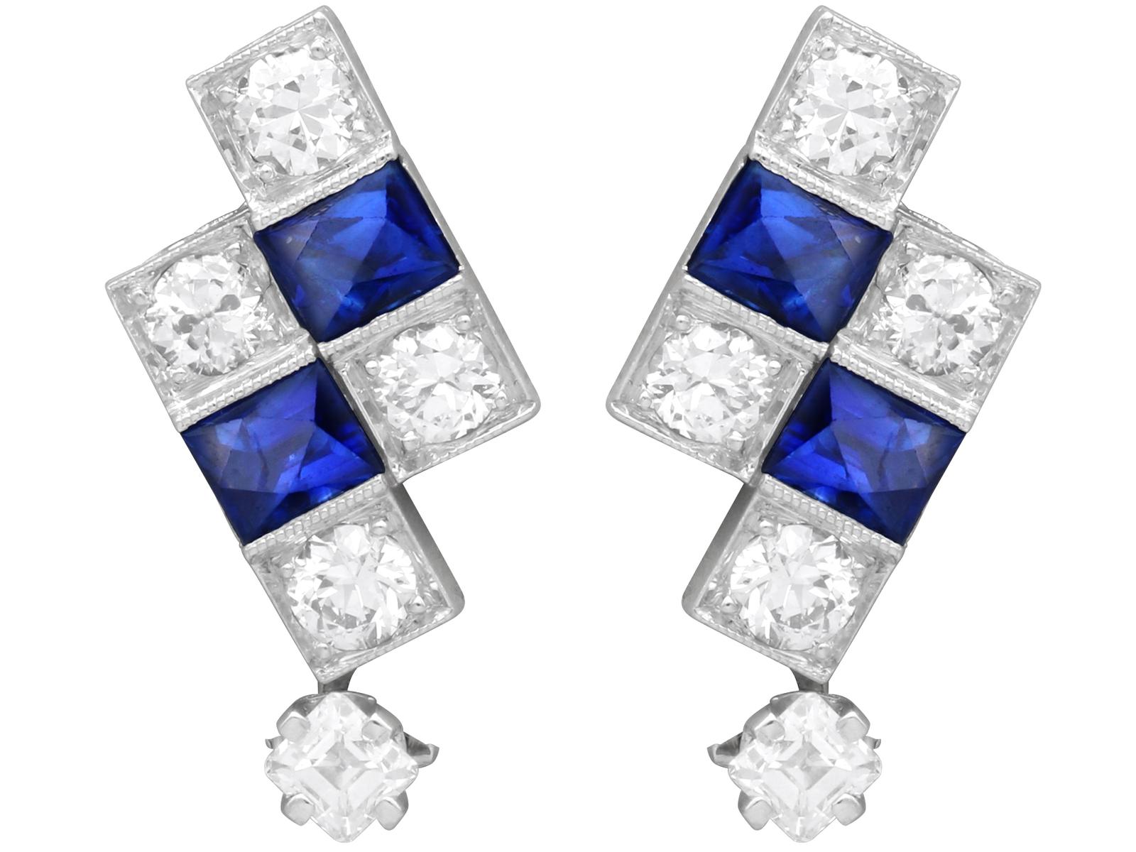 Antique Art Deco 1.00ct Sapphire & 1.20ct Diamond Platinum Earrings c.1920 (1 of 12)