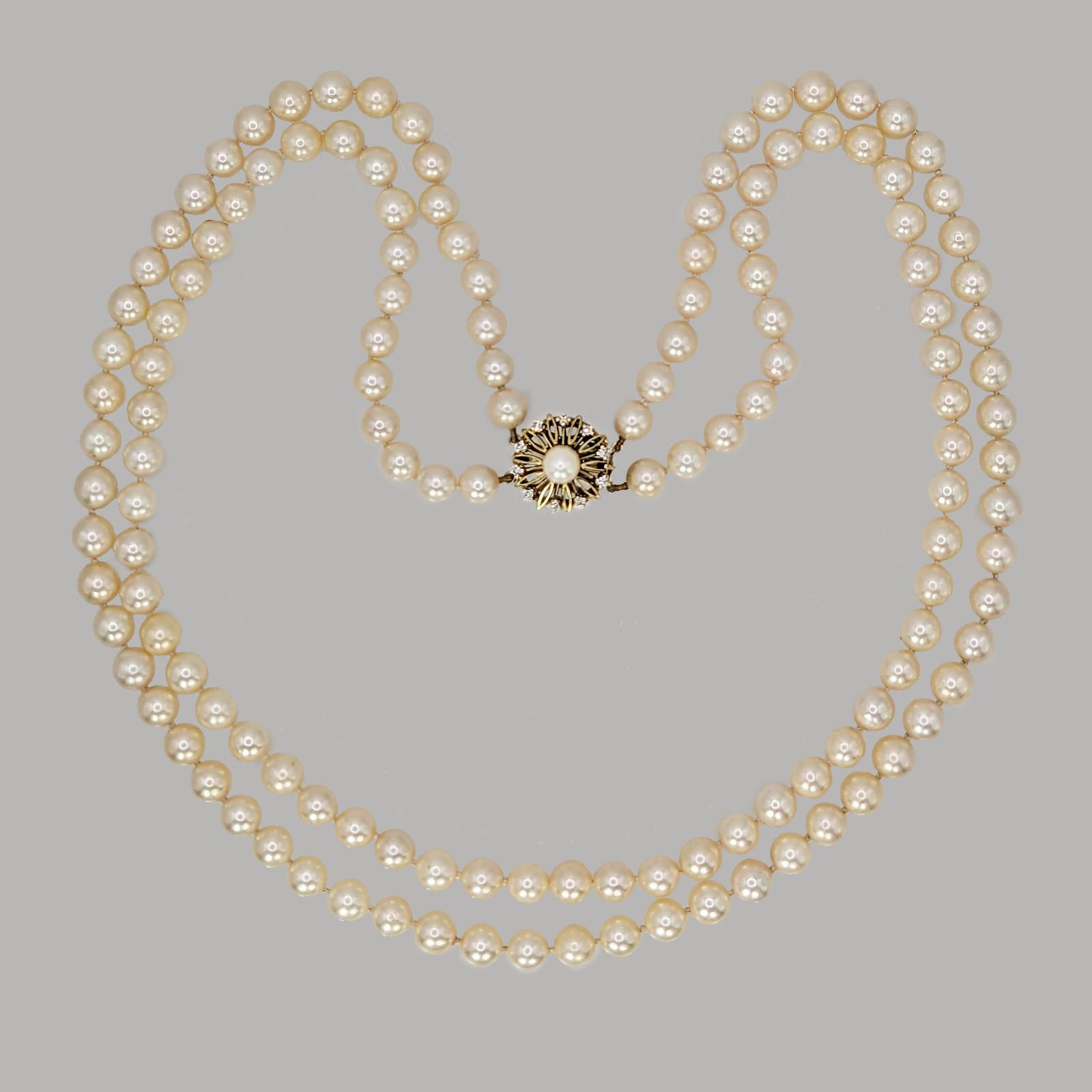 Vintage Pearl Necklace with Diamond Clasp Long Two Strand 1950s Pearls (1 of 9)
