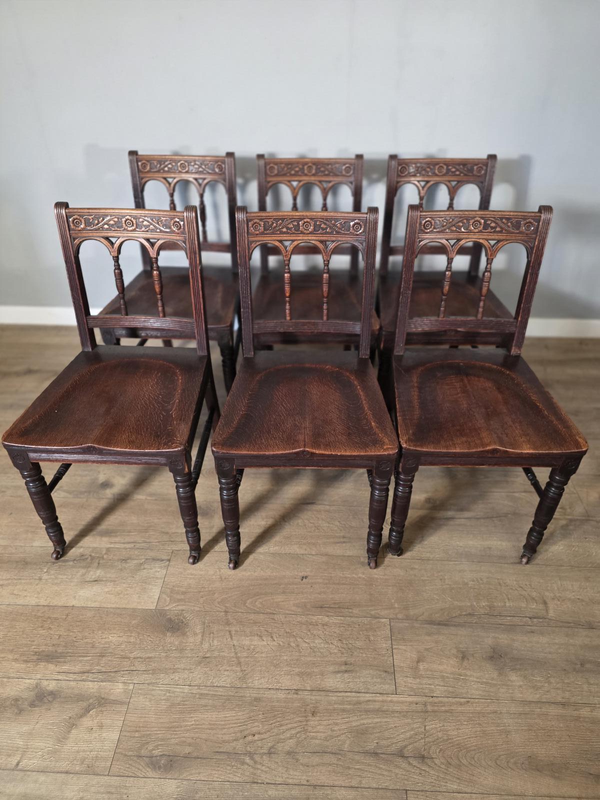 Antique Set of 6 English Oak Gothic Dining Chairs (1 of 14)