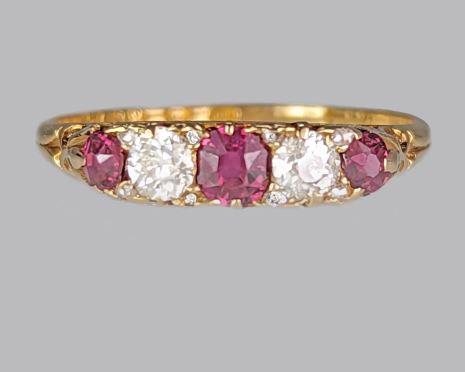 Victorian Ring Ruby Old Cut Dimond  18ct Gold London 1891 Antique Five Stone Ring (1 of 8)