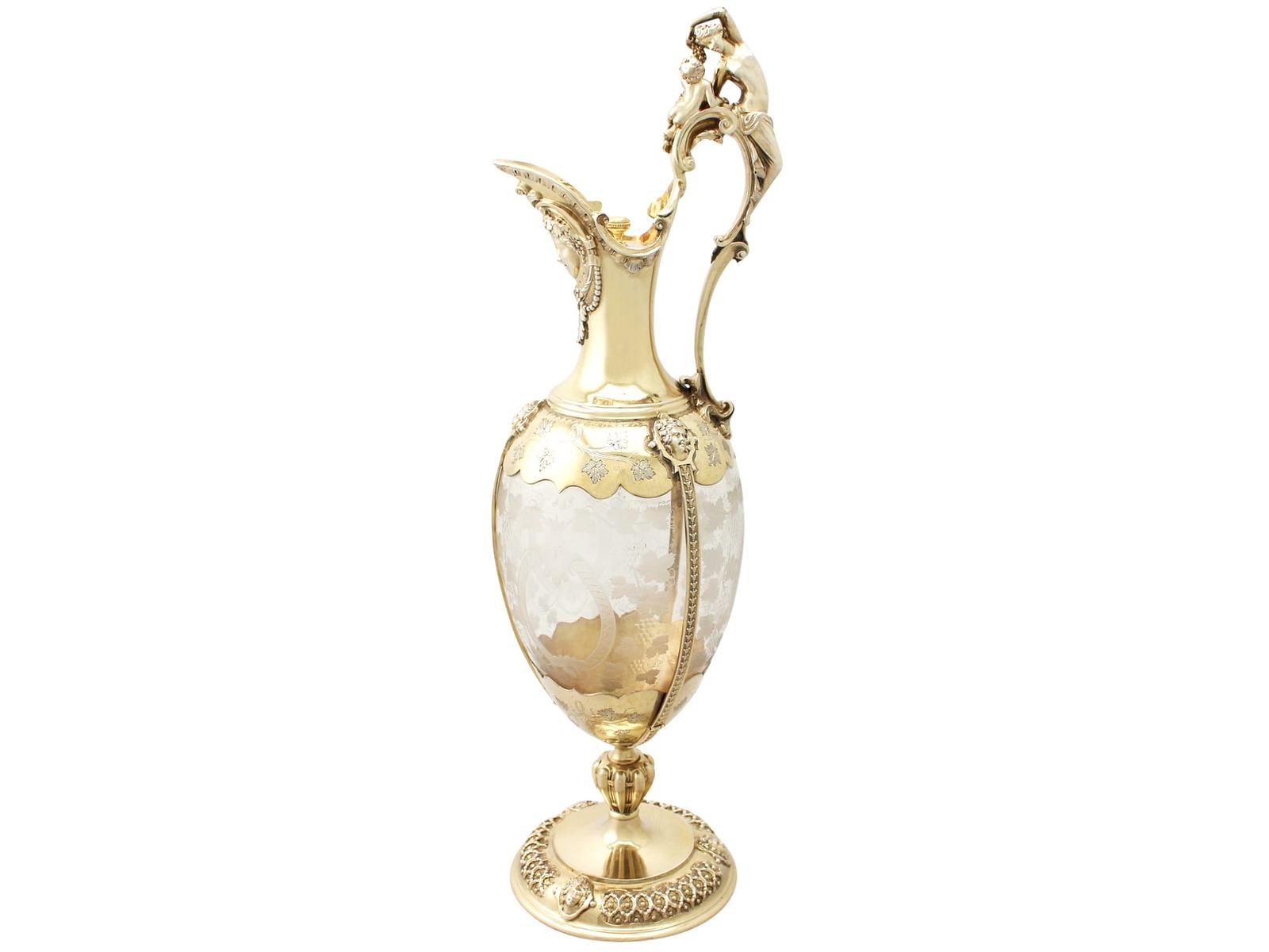 Antique Victorian Acid Etched Glass & Sterling Silver Gilt Claret Jug 1875 (1 of 18)