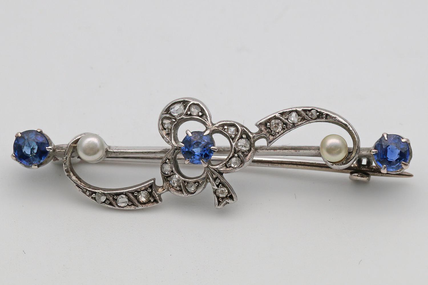 Early 20th Century Sapphire, Diamond & Pearl Bar Brooch (1 of 2)