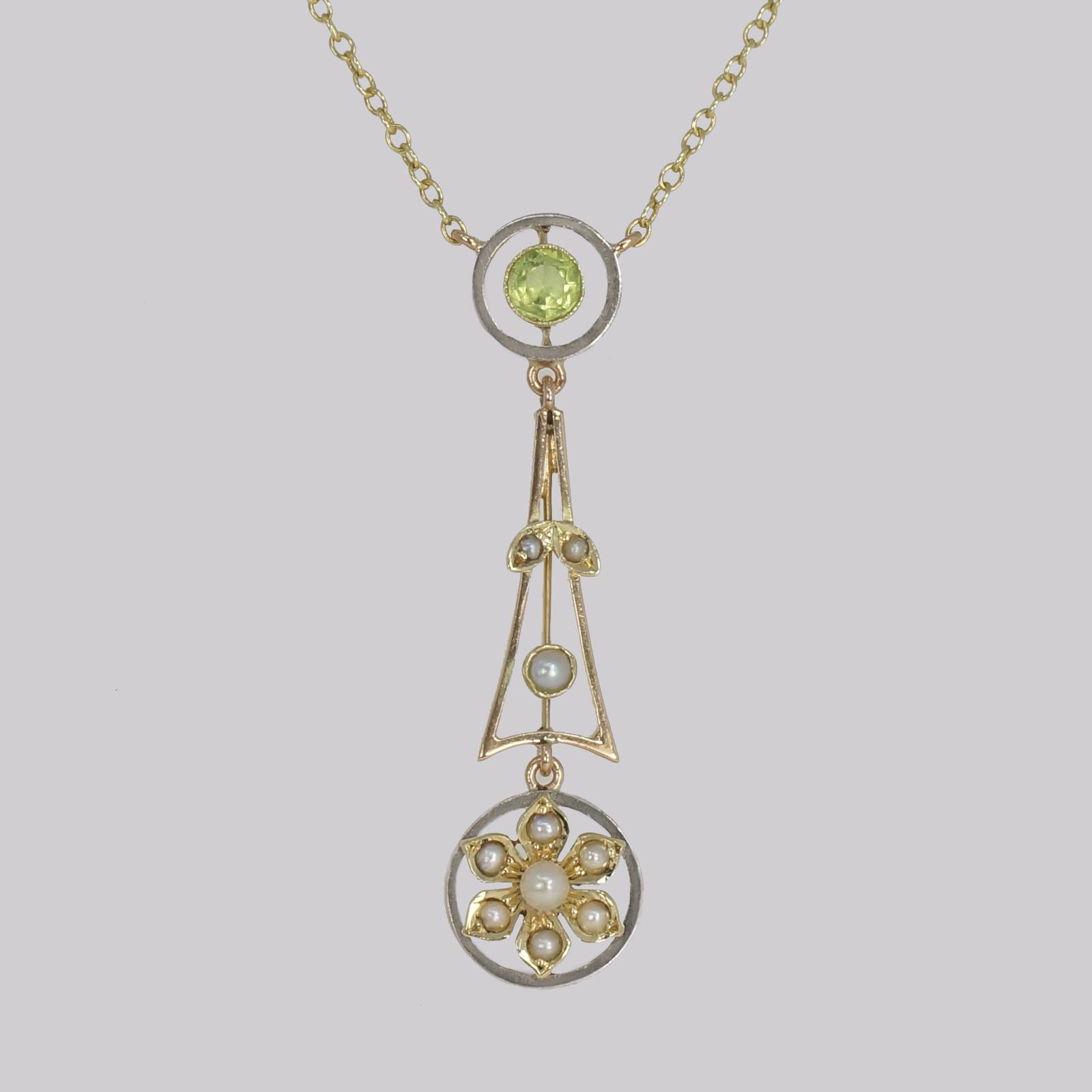 Antique Peridot & Seed Pearl Necklace 15ct Gold & Platinum Edwardian Pendant (1 of 7)
