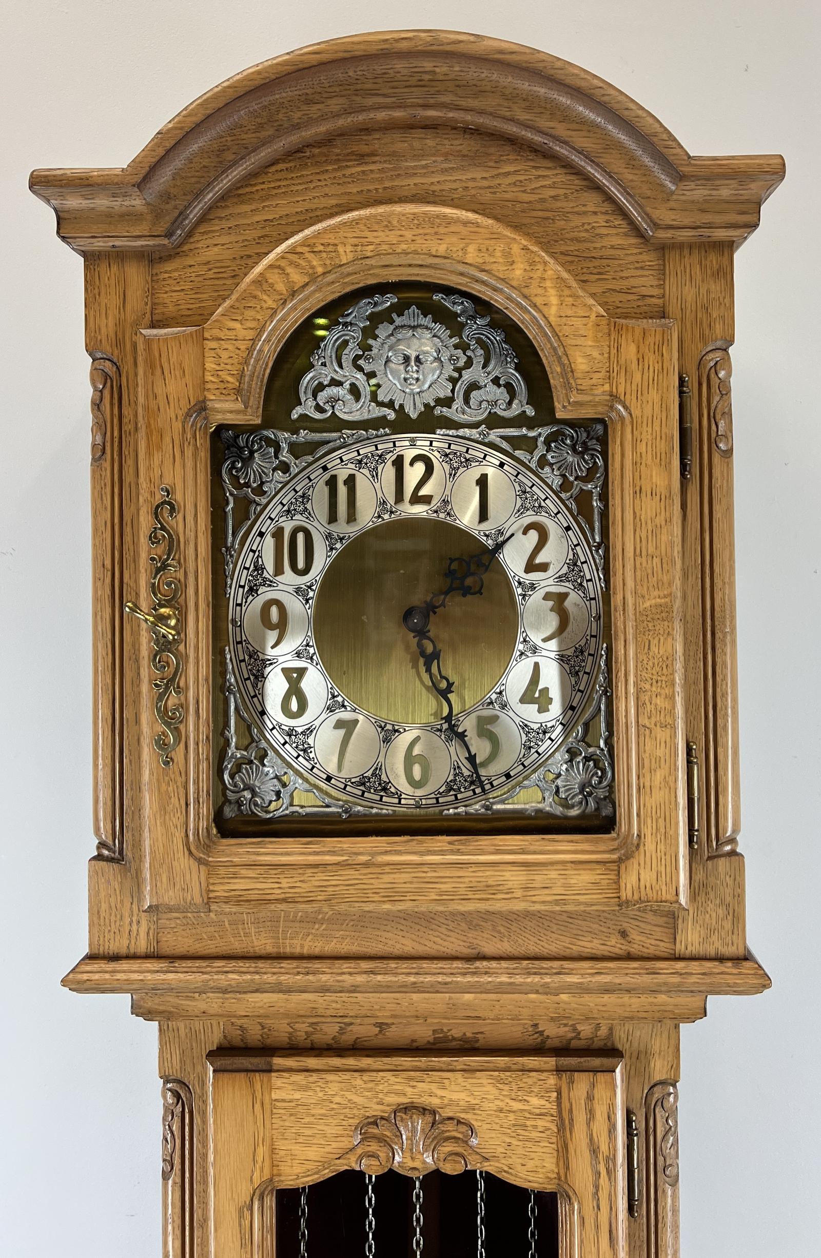 Clock Vintage French Oak Longcase Grandfather with Brass Dial (1 of 12)