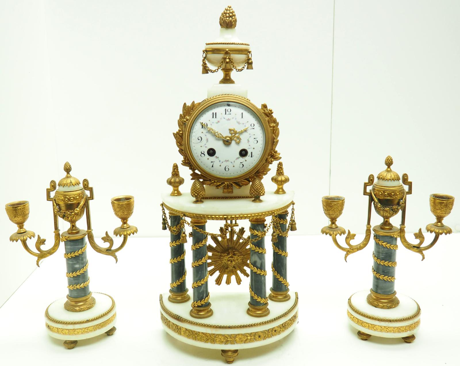 Incredible Antique 8 Day French Ormolu & Marble Mantel Clock Set with 2 Branch Candelabras (1 of 19)