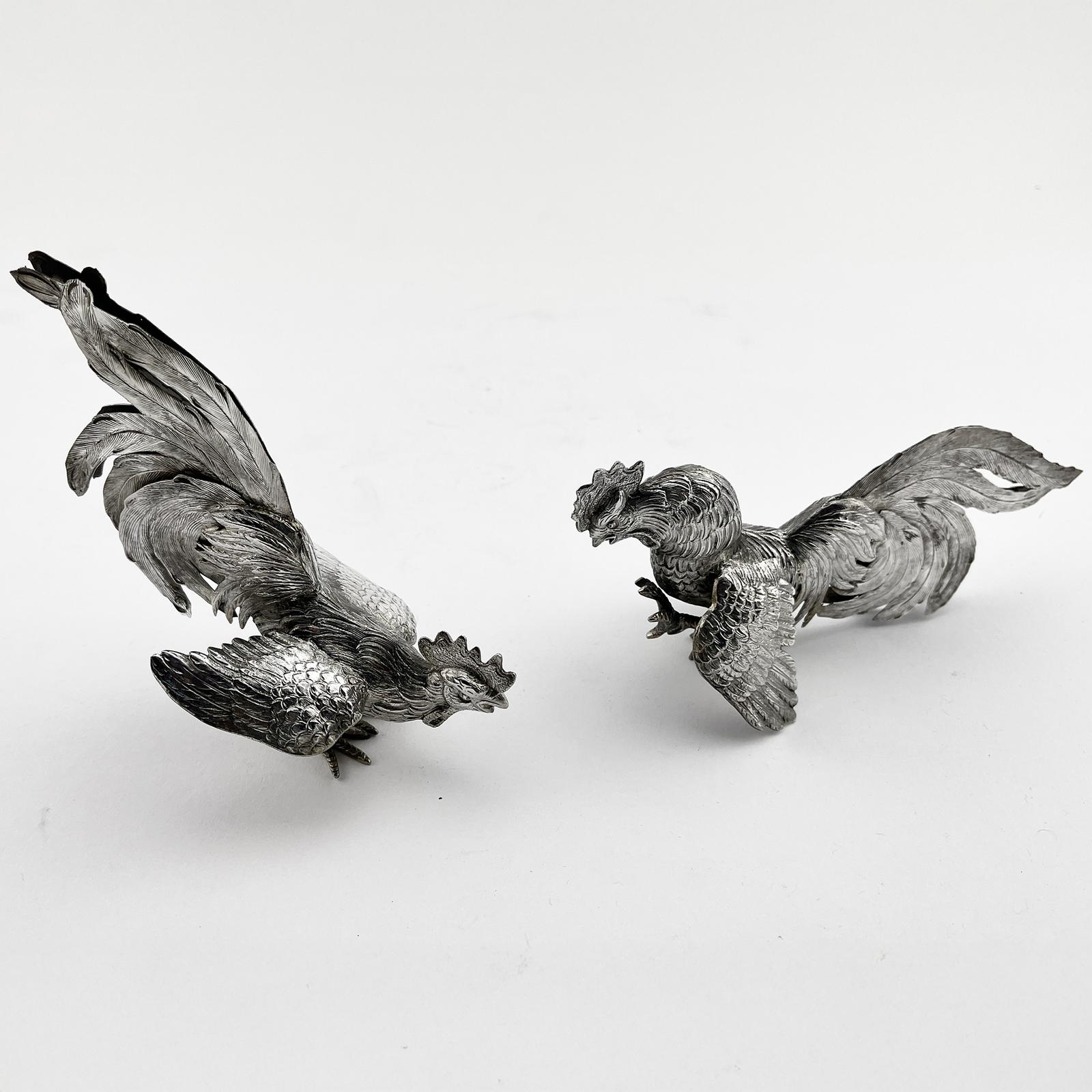Decorative Pair of Continental Sterling Silver Standing Fighting Cockerels (1 of 9)