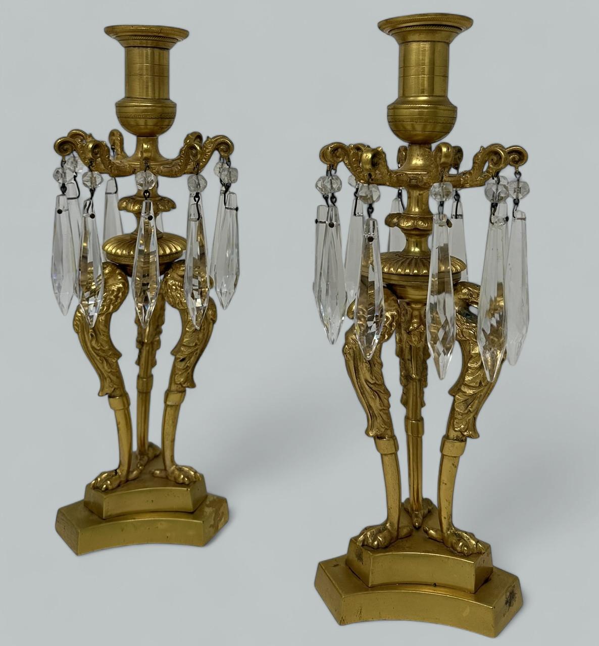Antique Pair of English Regency Ormolu Bronze Lustres Candlesticks Candelabra (1 of 9)