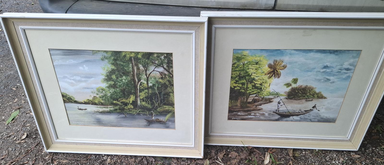 Pair of Vintage African Paintings - S. U. Okesie - Nigeria - River View 1950s (1 of 8)