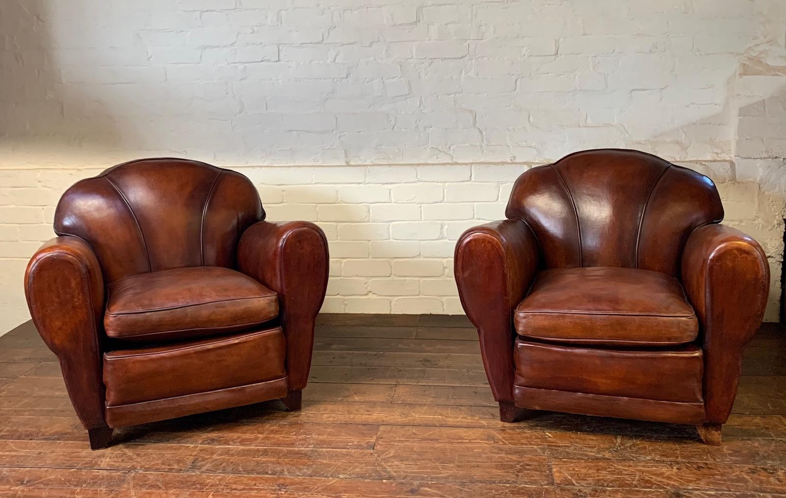 A Fantastic & Rare Pair of 1950s French Leather Club Chairs Trilobe Models (1 of 9)