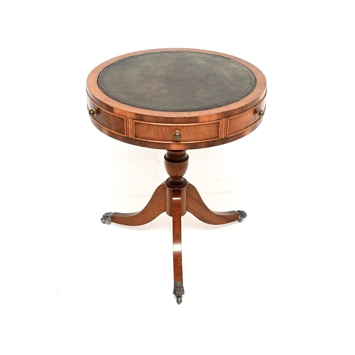 Yew Wood Leather Top Drum Table (1 of 6) Yew Wood Leather Top Drum Table (1 of 6)
