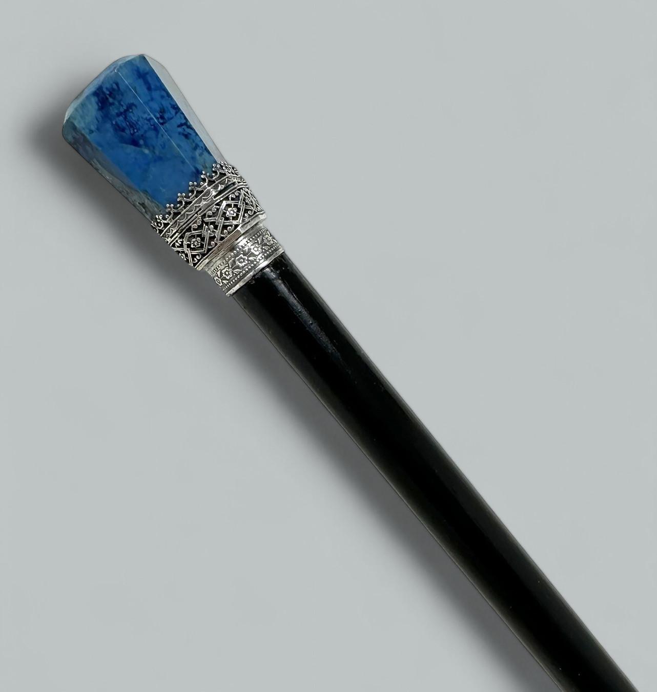 Antique 19th Century Vintage Wooden Ebony Lapis Lazuli Walking Stick Cane Sterling Silver (1 of 8)