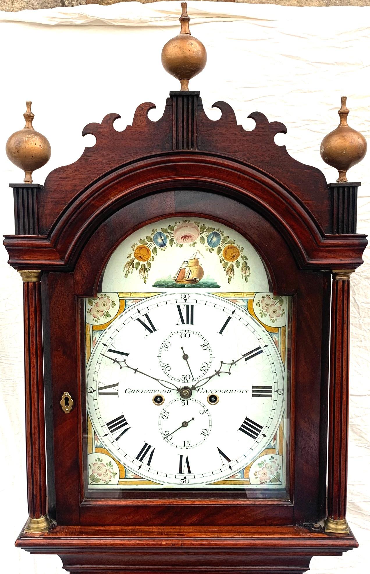 19th Century English Longcase Clock in Mahogany Painted Arch Dial 8-day Signed Greenwood Canterbury (1 of 13)