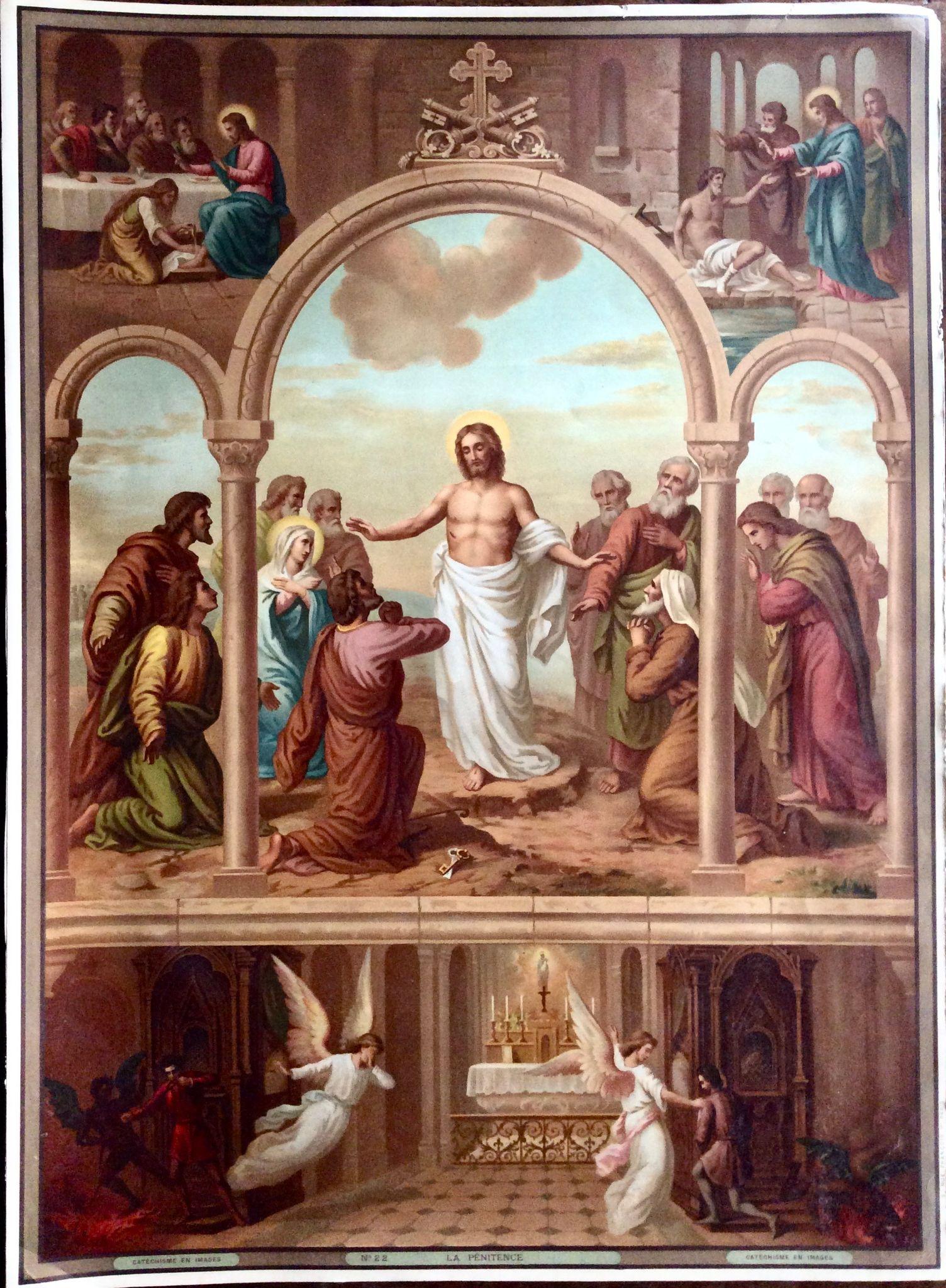 1890 Large French Antique Chromolithograph Print Religious Scene Coloured (1 of 3) 1890 Large French Antique Chromolithograph Print Religious Scene Coloured (1 of 3)