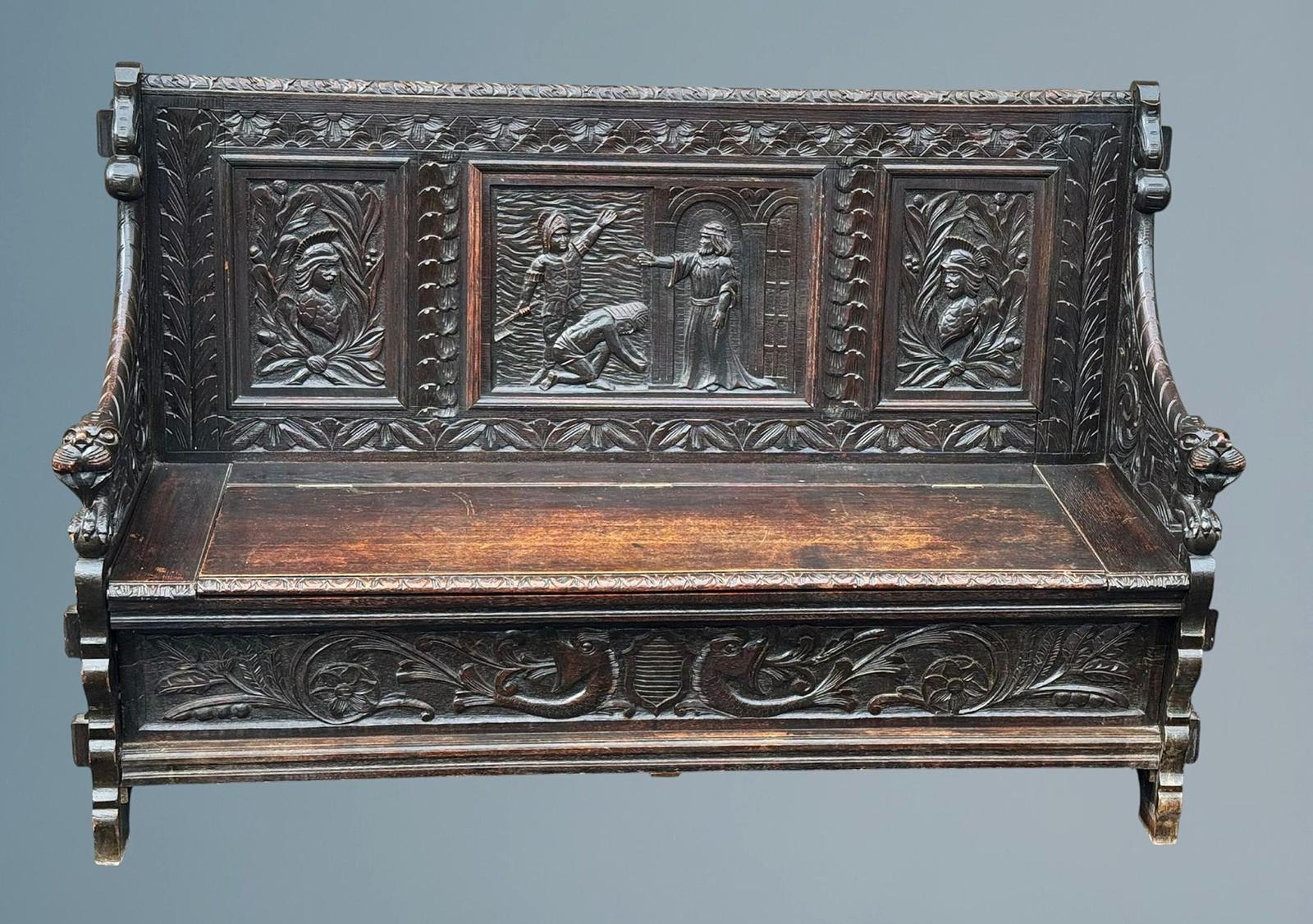 Late Victorian Carved Oak Box Settle / Hall Bench (1 of 17)