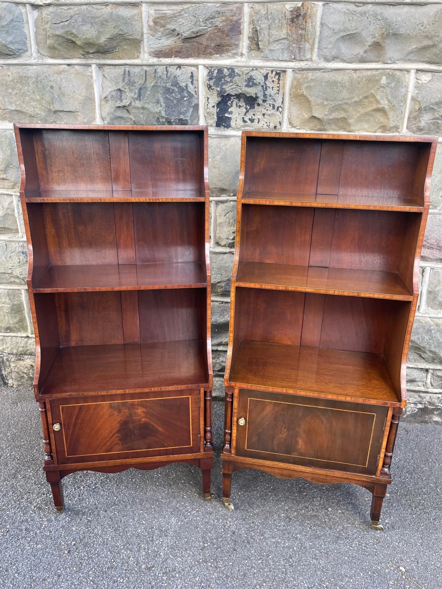 Matched Pair Inlaid Mahogany Waterfall Open Bookcases (1 of 12)