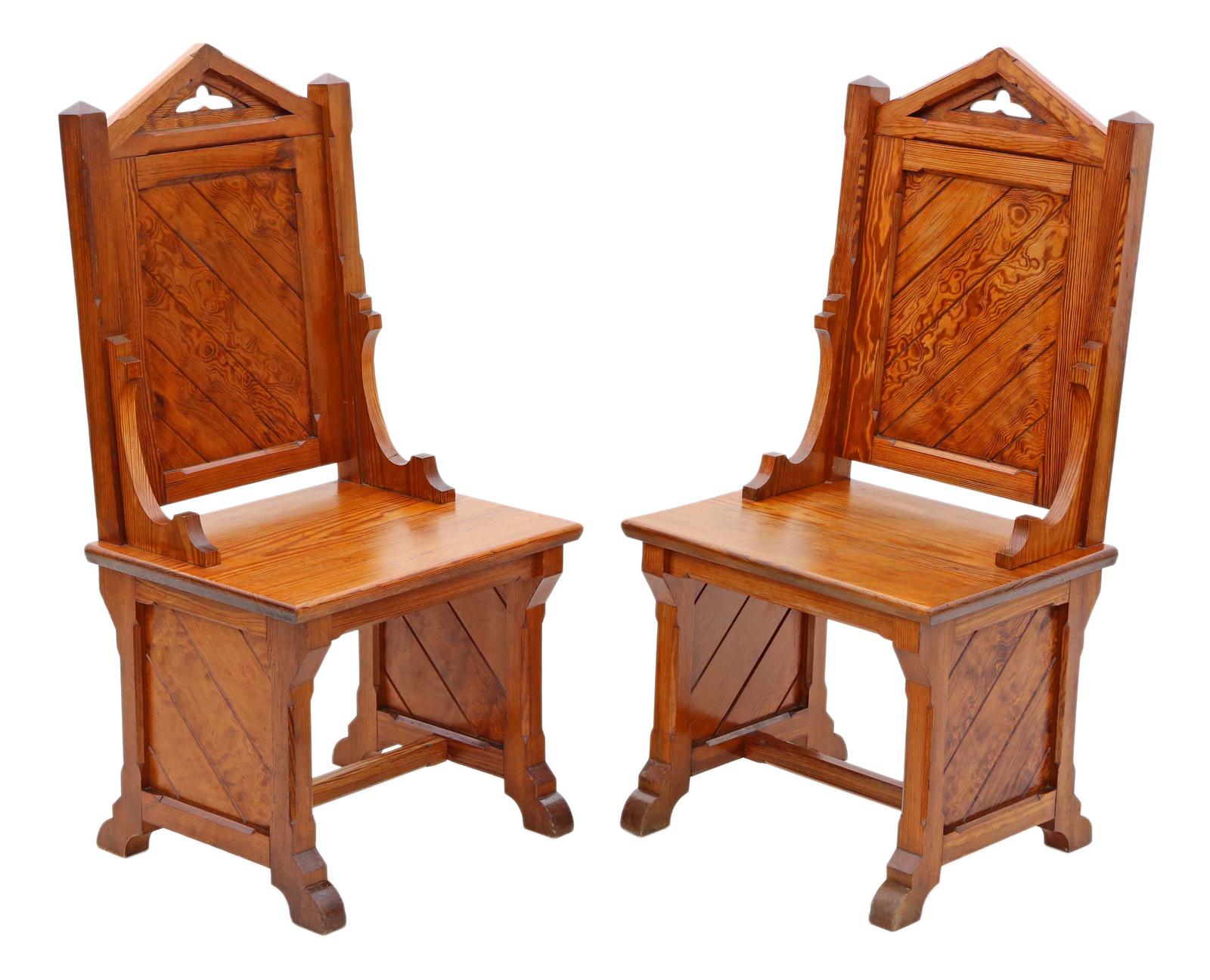 Pair of Gothic Pitch Pine Throne Side Hall Bedroom Chairs c.1900 (1 of 8) Pair of Gothic Pitch Pine Throne Side Hall Bedroom Chairs c.1900 (1 of 8)
