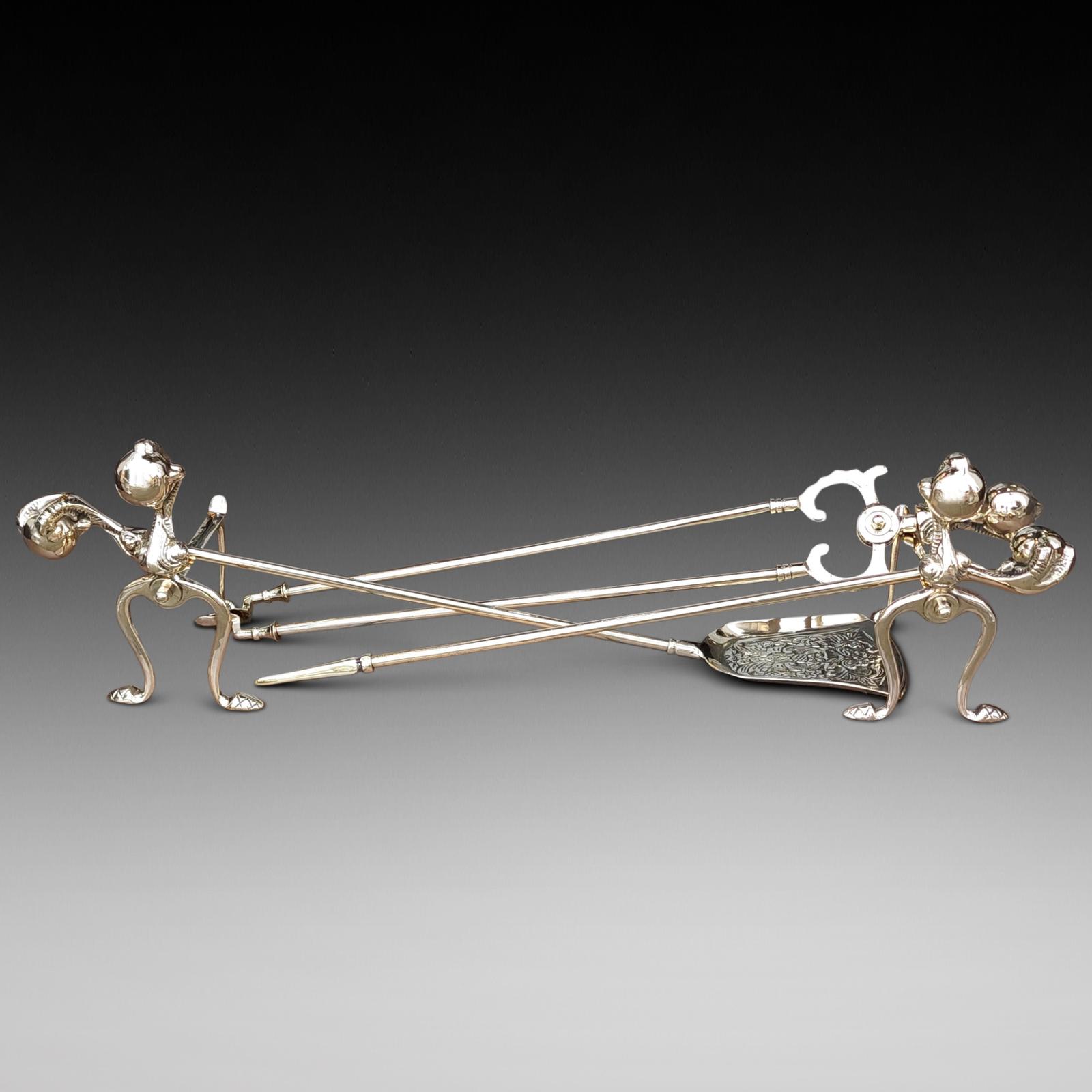 Early 20thc Brass Fireside Set of Fire Irons and Dogs (1 of 6)