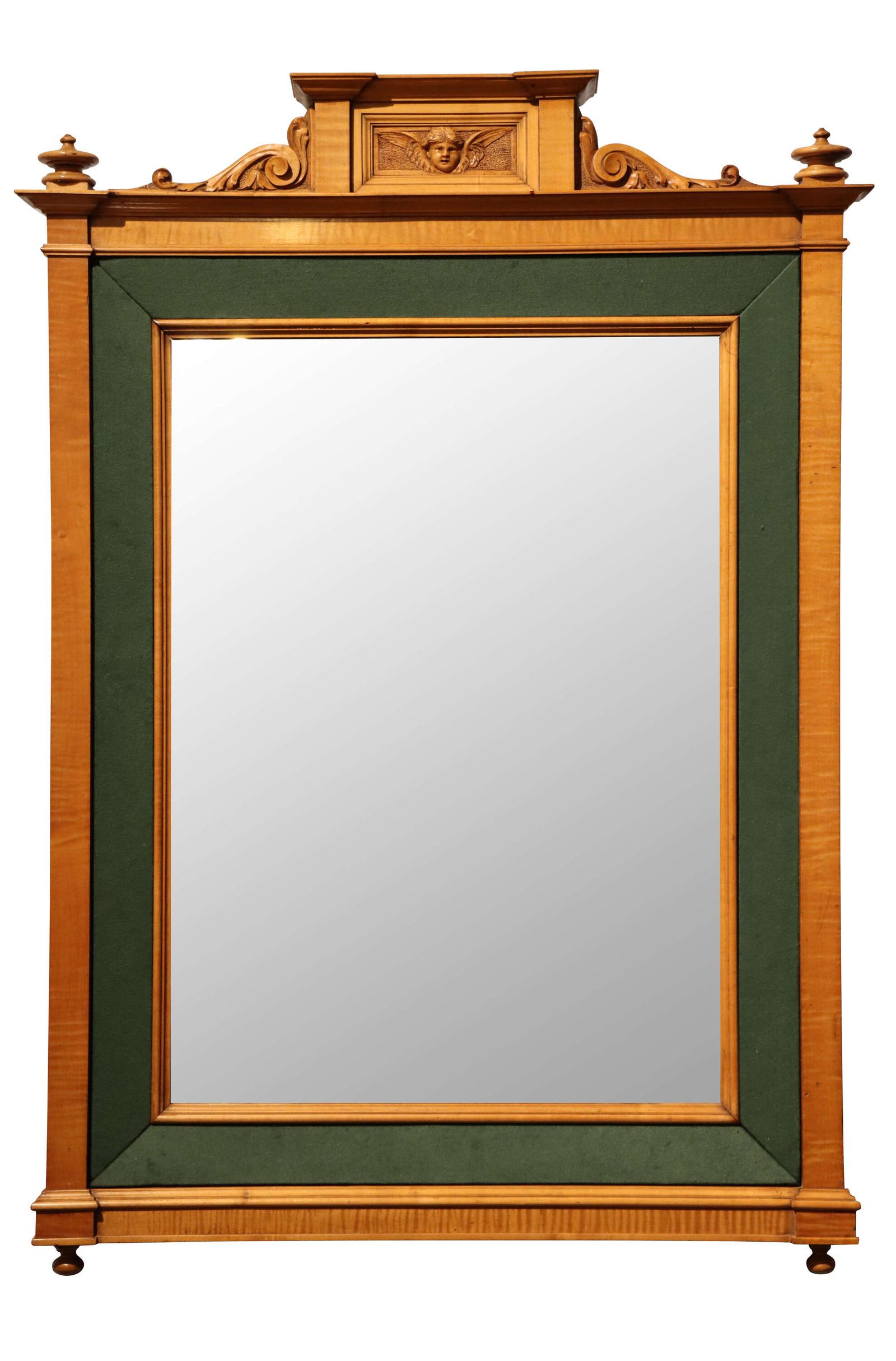 Edwardian Satinwood & Green Fabric Wall Mirror with Carved Cherub Crest c.1910 (1 of 4) Edwardian Satinwood & Green Fabric Wall Mirror with Carved Cherub Crest c.1910 (1 of 4)