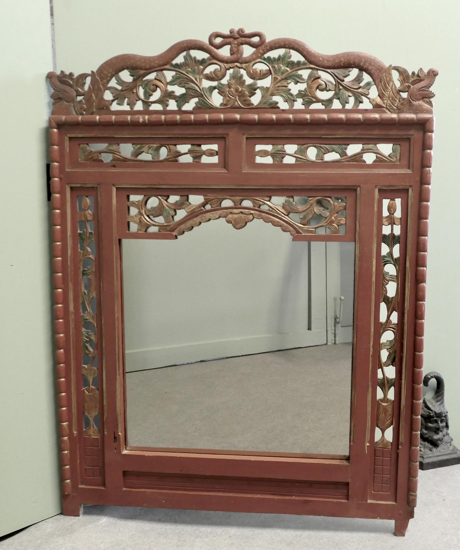 19th Century Oriental Painted Red Lacquer Mirror (1 of 6)