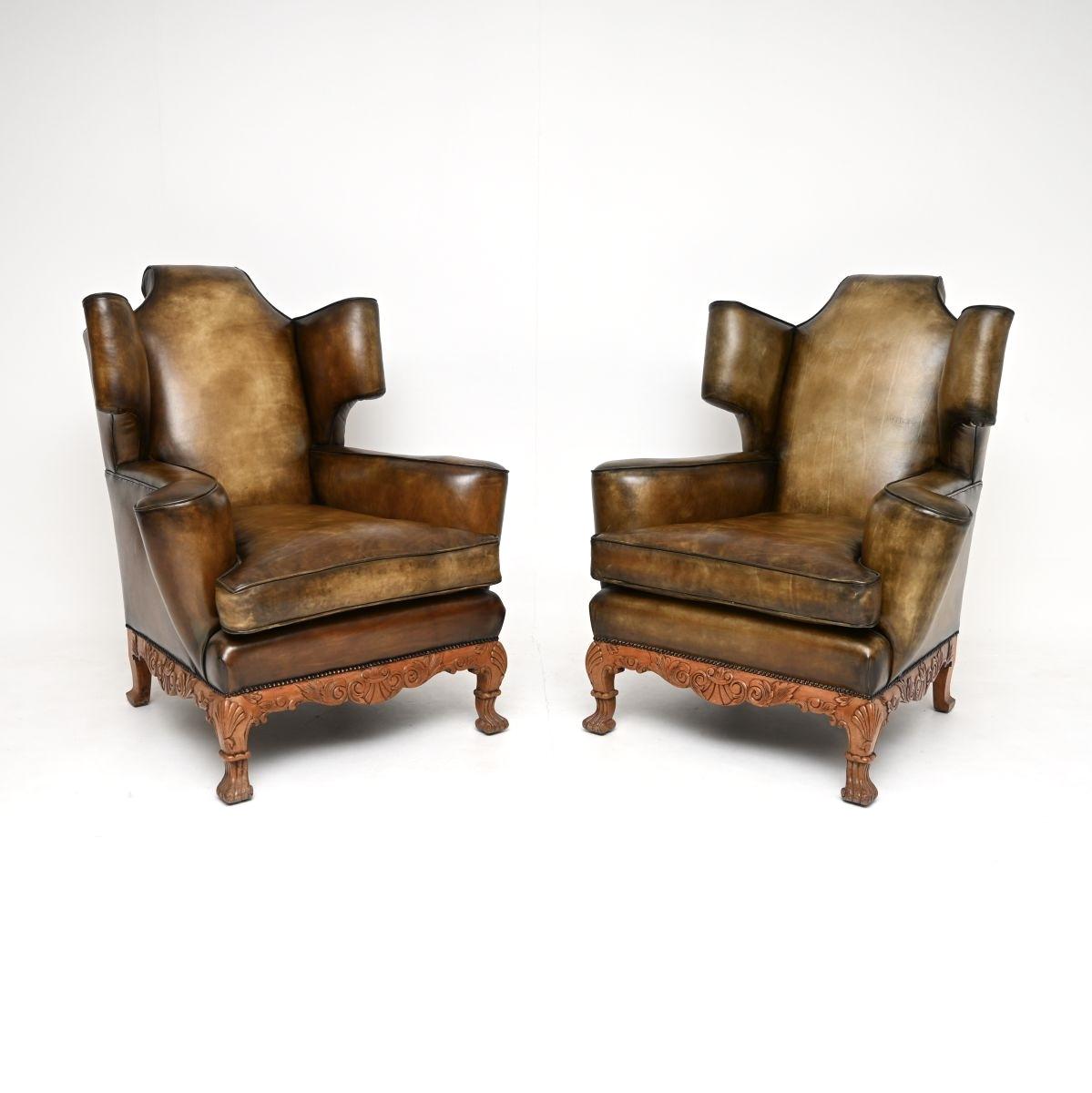 Pair of Antique Leather Wing Back Armchairs (1 of 10) Pair of Antique Leather Wing Back Armchairs (1 of 10)