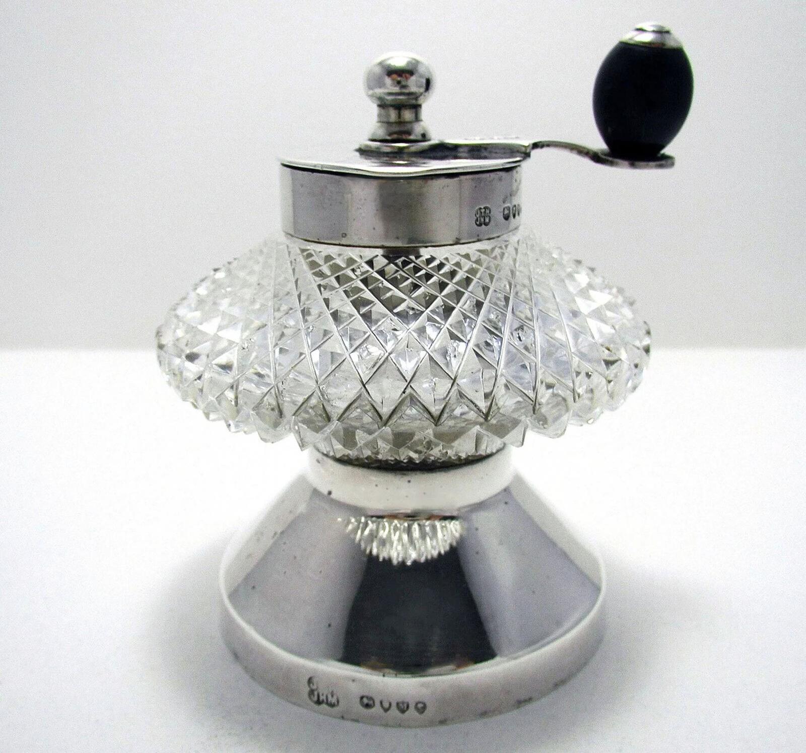 Antique Victorian Solid Sterling Silver Cut Glass Pepper Mill / Grinder - Hukin & Heath (1 of 10)