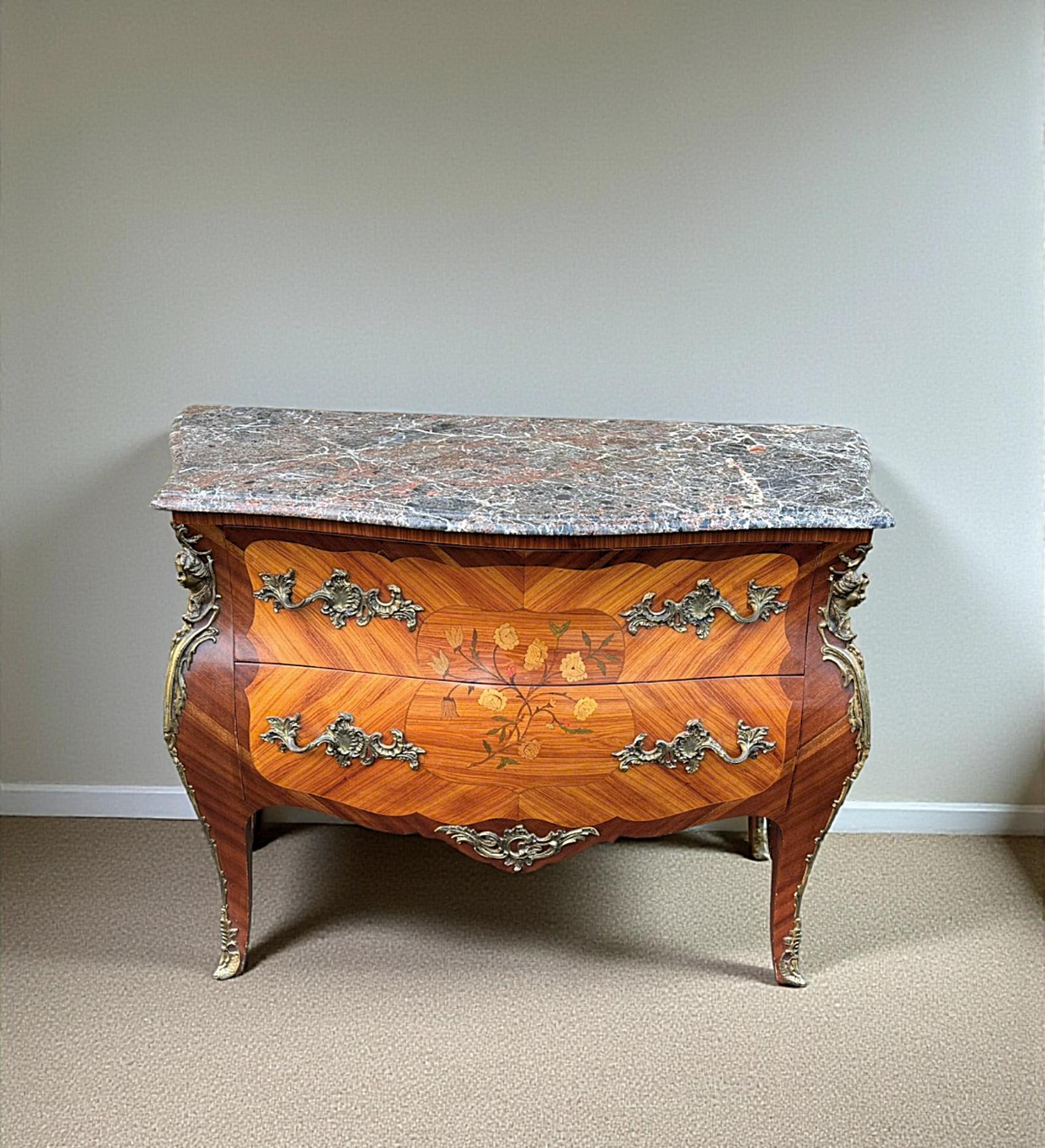 Louis XV Style French Walnut and Marquetry Inlaid Marble Top Commode (1 of 20) Louis XV Style French Walnut and Marquetry Inlaid Marble Top Commode (1 of 20)