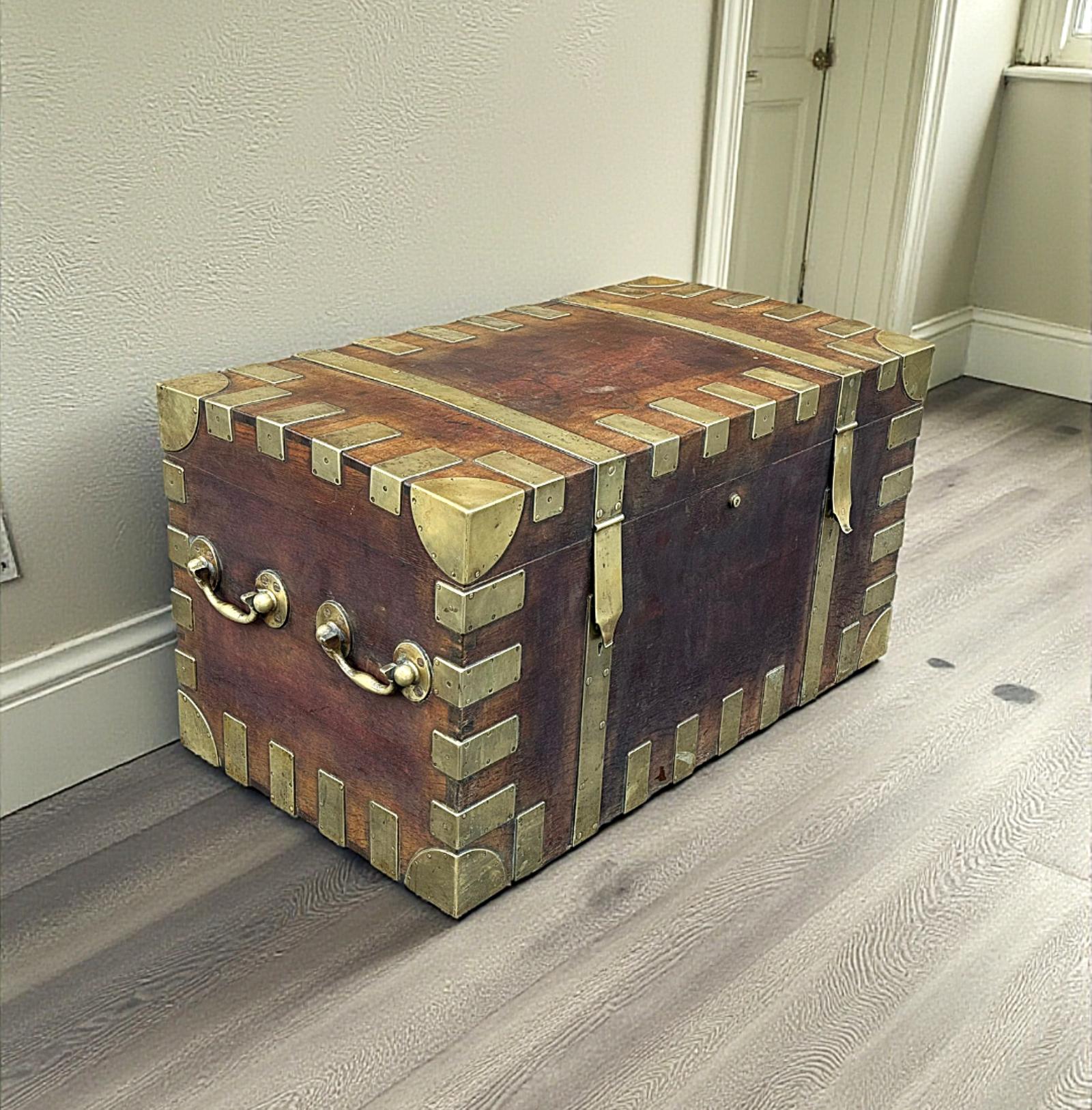 Large Antique Oak Brass Bound Silver or Plate Chest, Trunk (1 of 14)