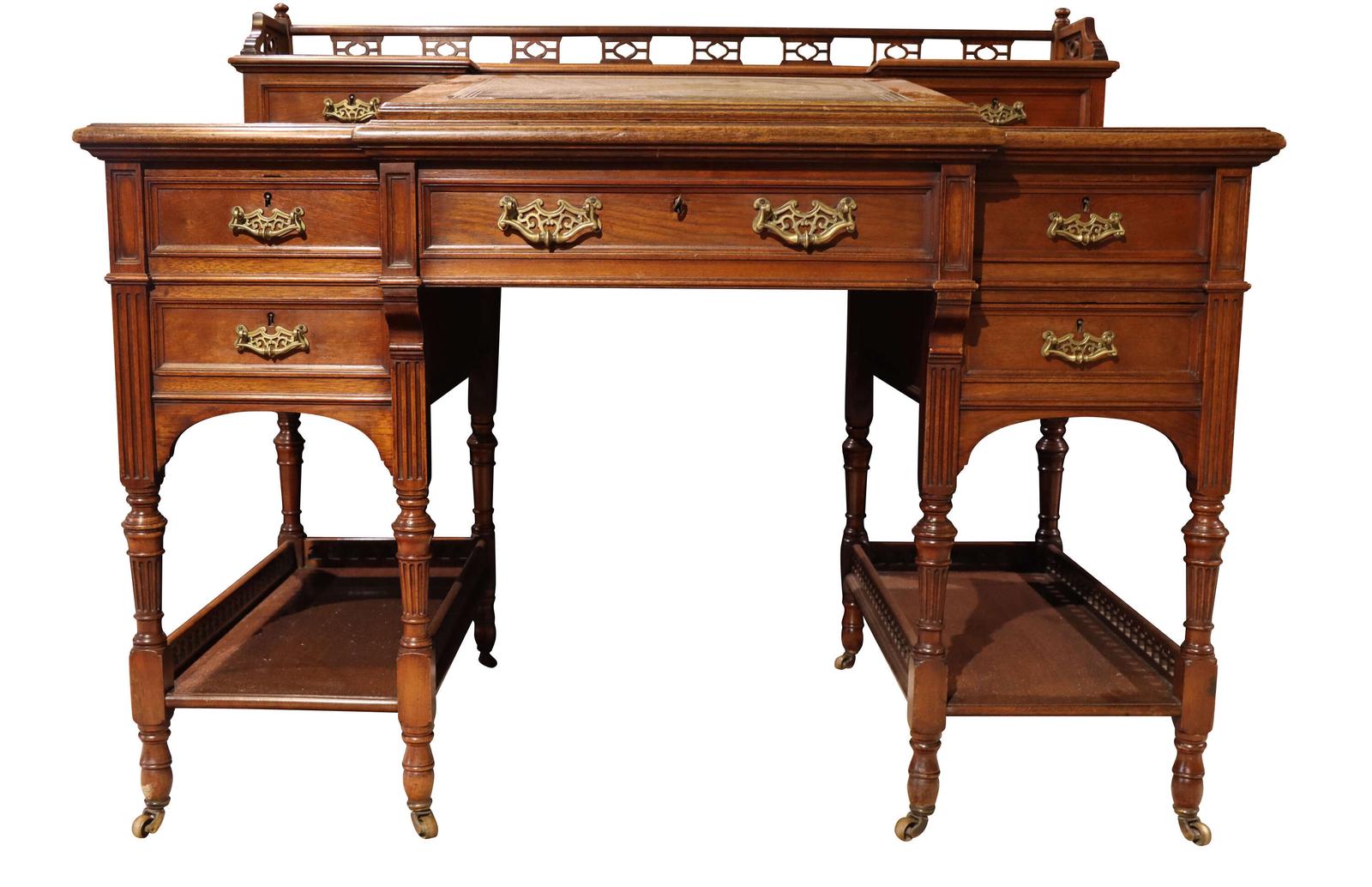 Edwardian Walnut Dickens Style Writing Desk with Leather Inset Top & Gallery Back, c.1900 (1 of 7) Edwardian Walnut Dickens Style Writing Desk with Leather Inset Top & Gallery Back, c.1900 (1 of 7)