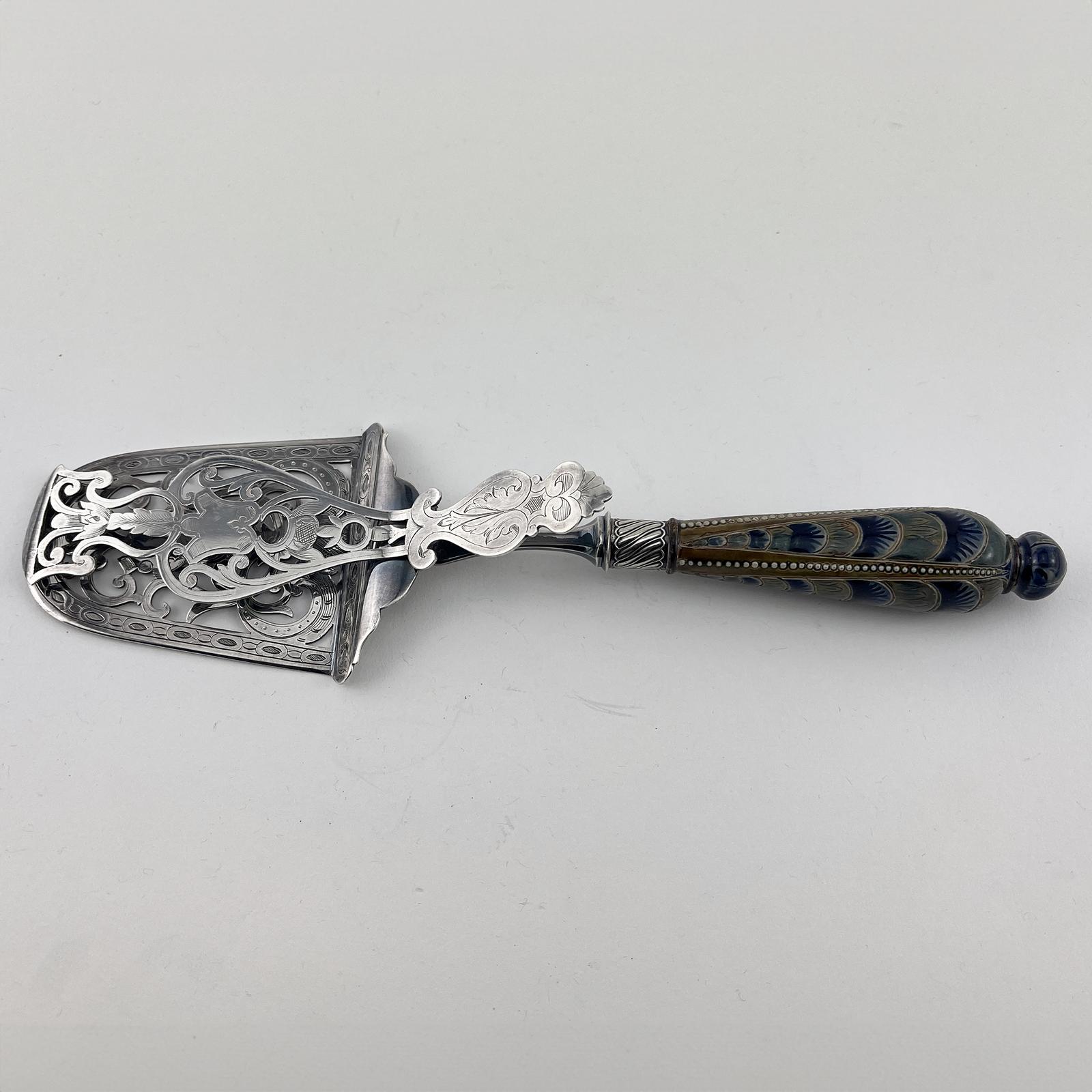 Victorian Silver Plated Asparagus Servers with Doulton Lambeth Stoneware Handle (1 of 6)