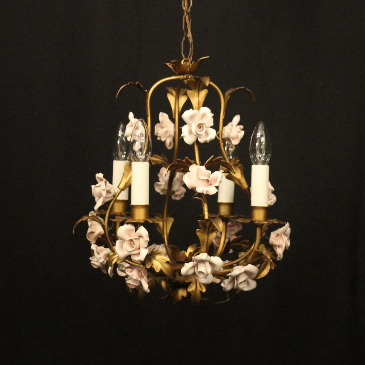 French Toleware & Porcelain 4 Light Flower Chandelier (1 of 10)